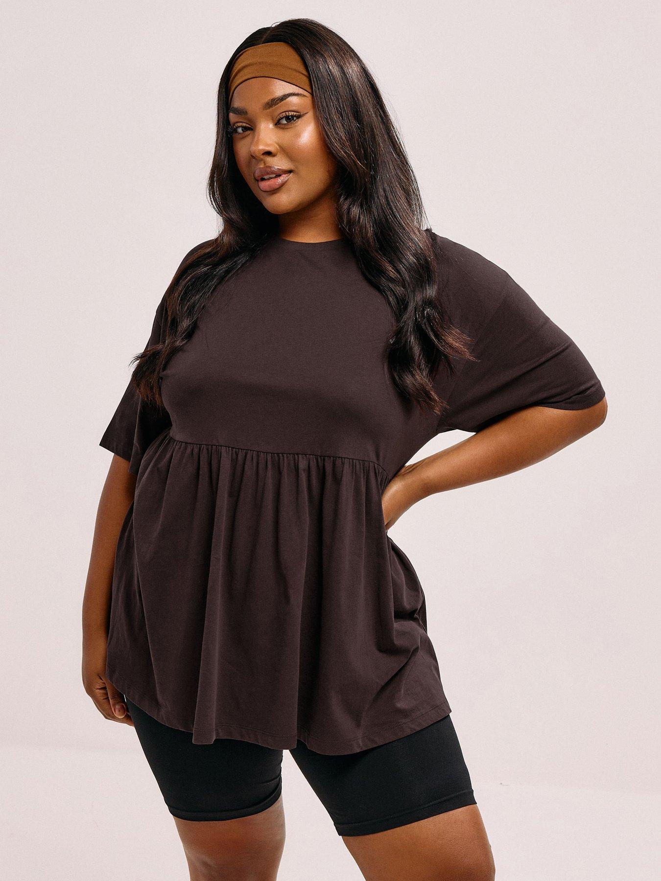 Yours Curve Short Sleeve Peplum Top - Brown