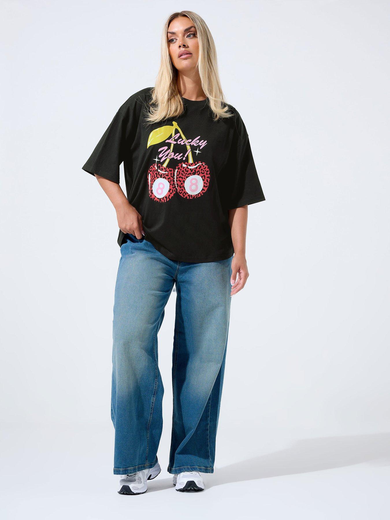 Image 3 of 5 of Yours Curve Cherry Graphic T-Shirt - Black