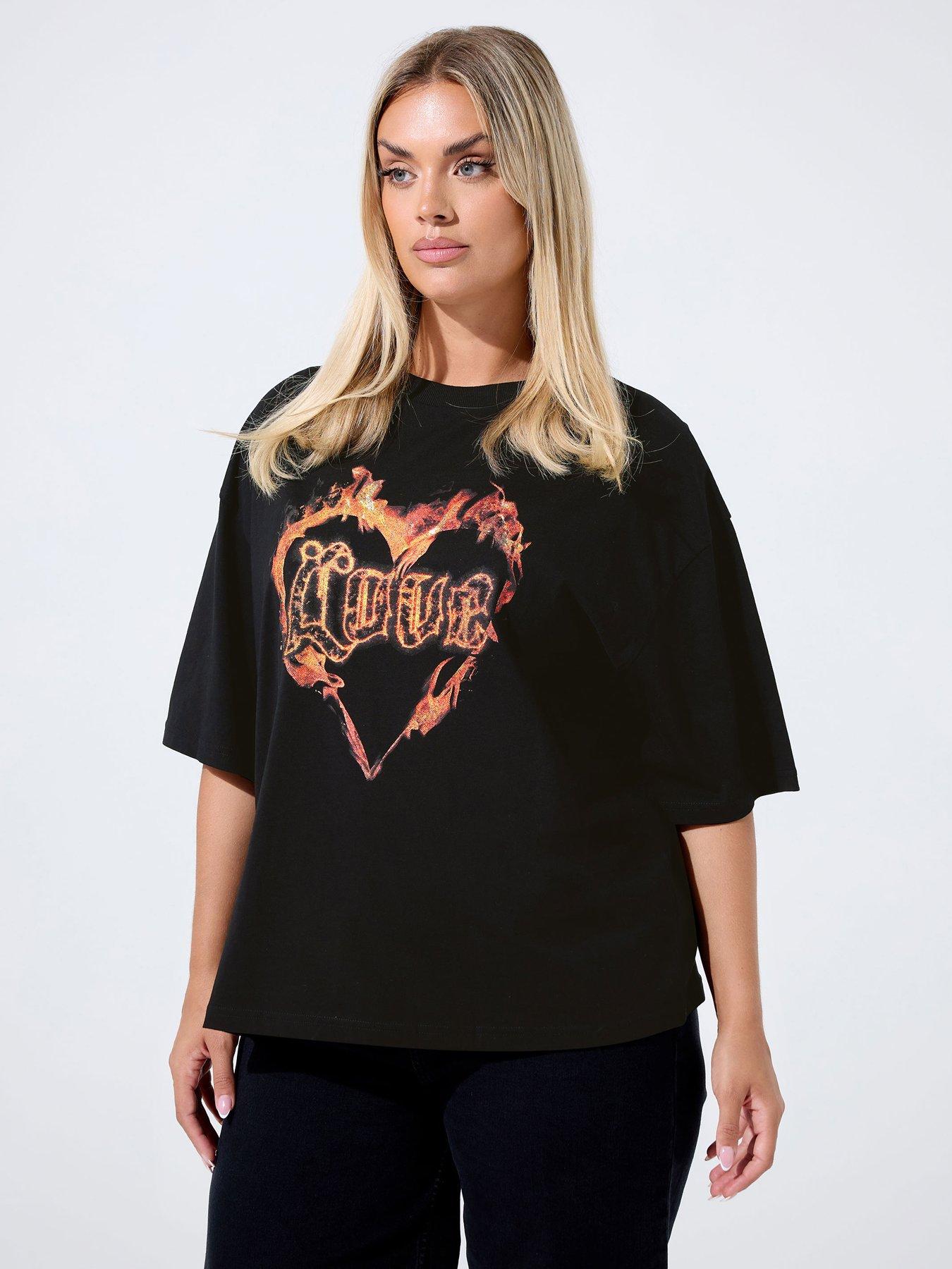 Yours Curve Heart Fire T-Shirt - Black