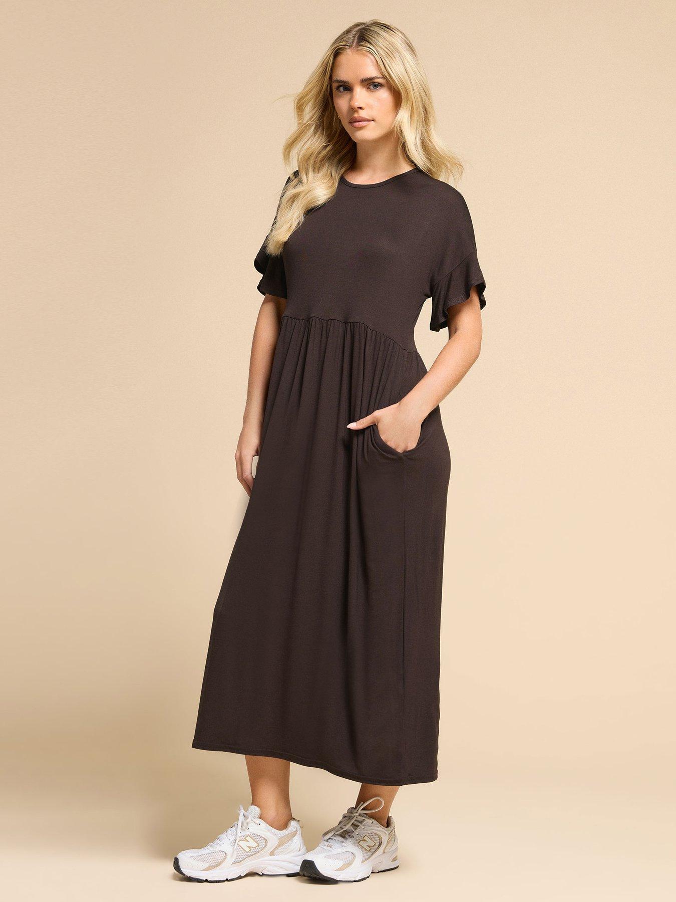 pixiegirl-petite-short-sleeve-frill-midi-smock-dress-brown