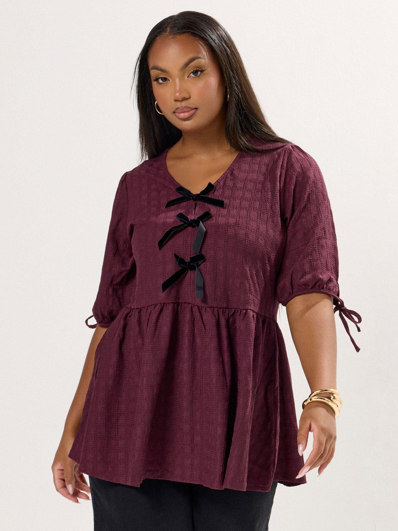 Yours Curve Textured Bow Tie Peplum Top - Burgundy Red