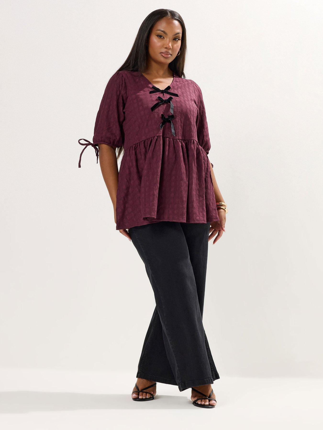 yours-curve-textured-bow-tie-peplum-top-burgundy-redback