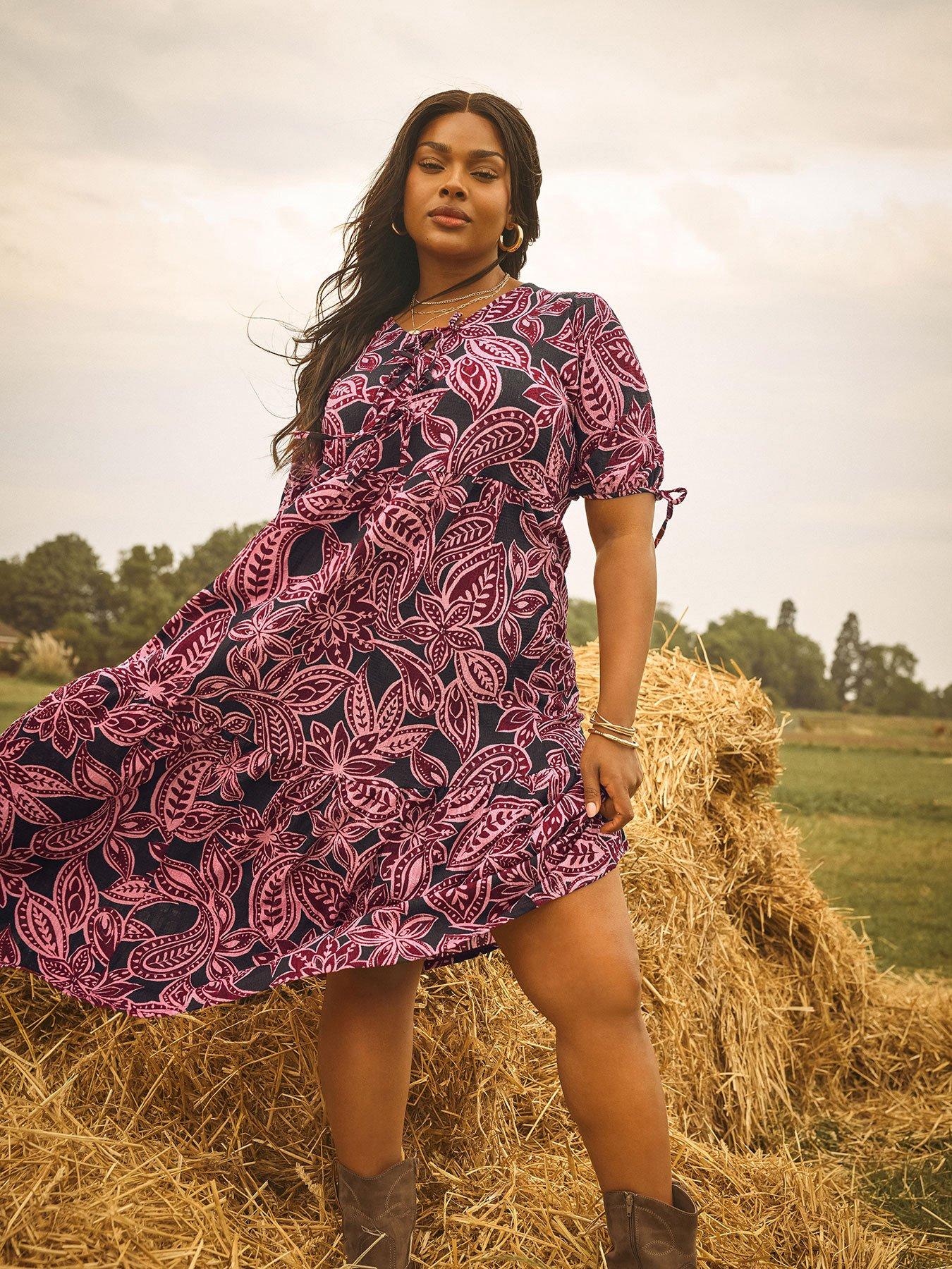 Yours Curve Puff Sleeve Bow Dress - Pink