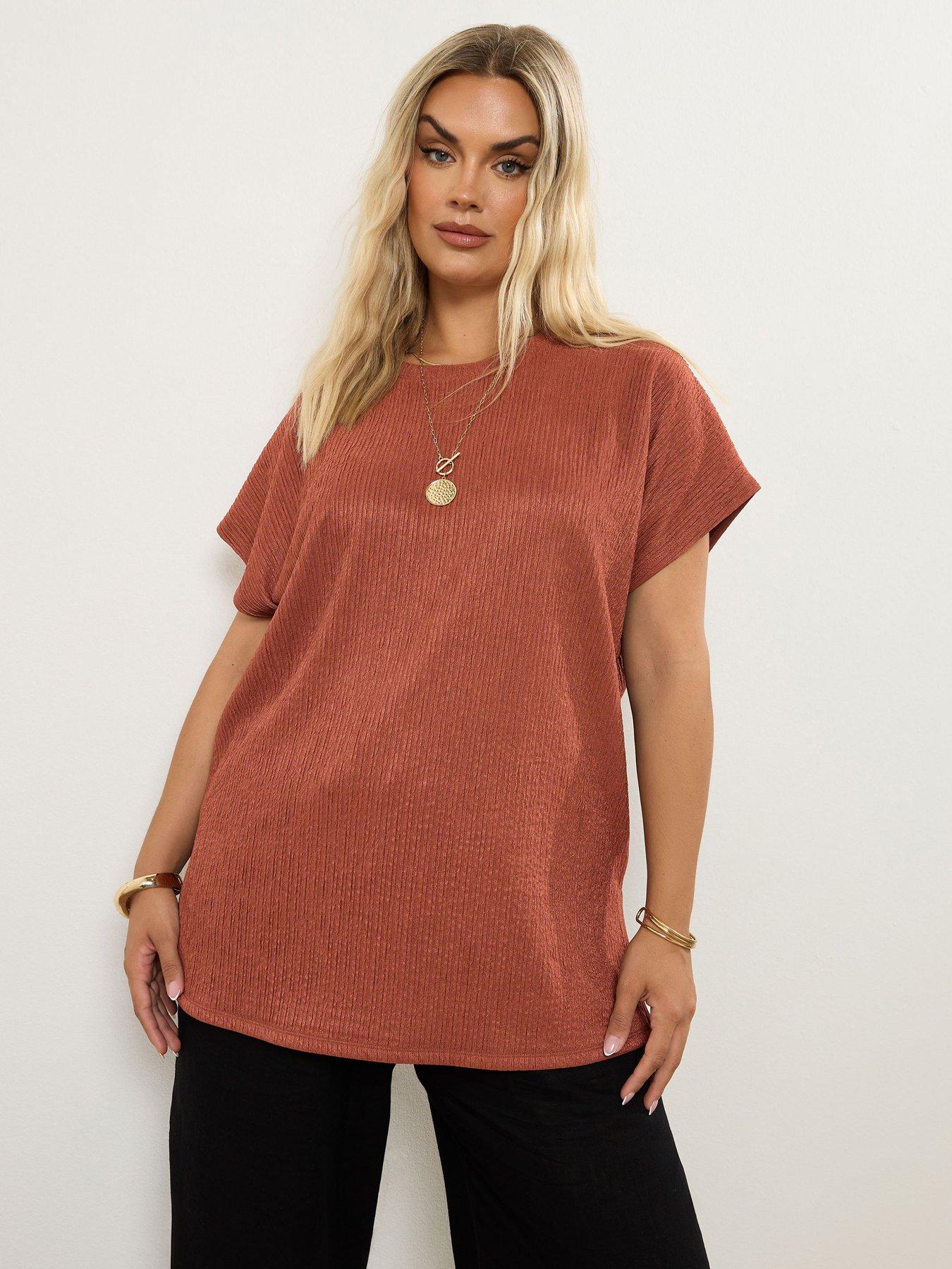 Yours Curve Textured Grown On Sleeve T-Shirt - Brown