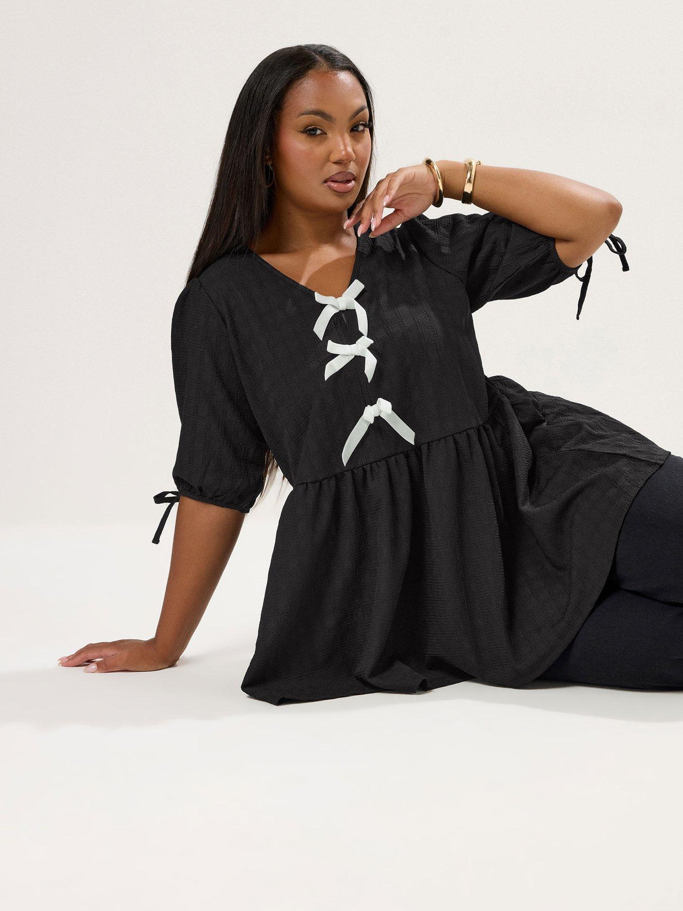 Image 1 of 5 of Yours Curve Puff Sleeve Bow Peplum - Black