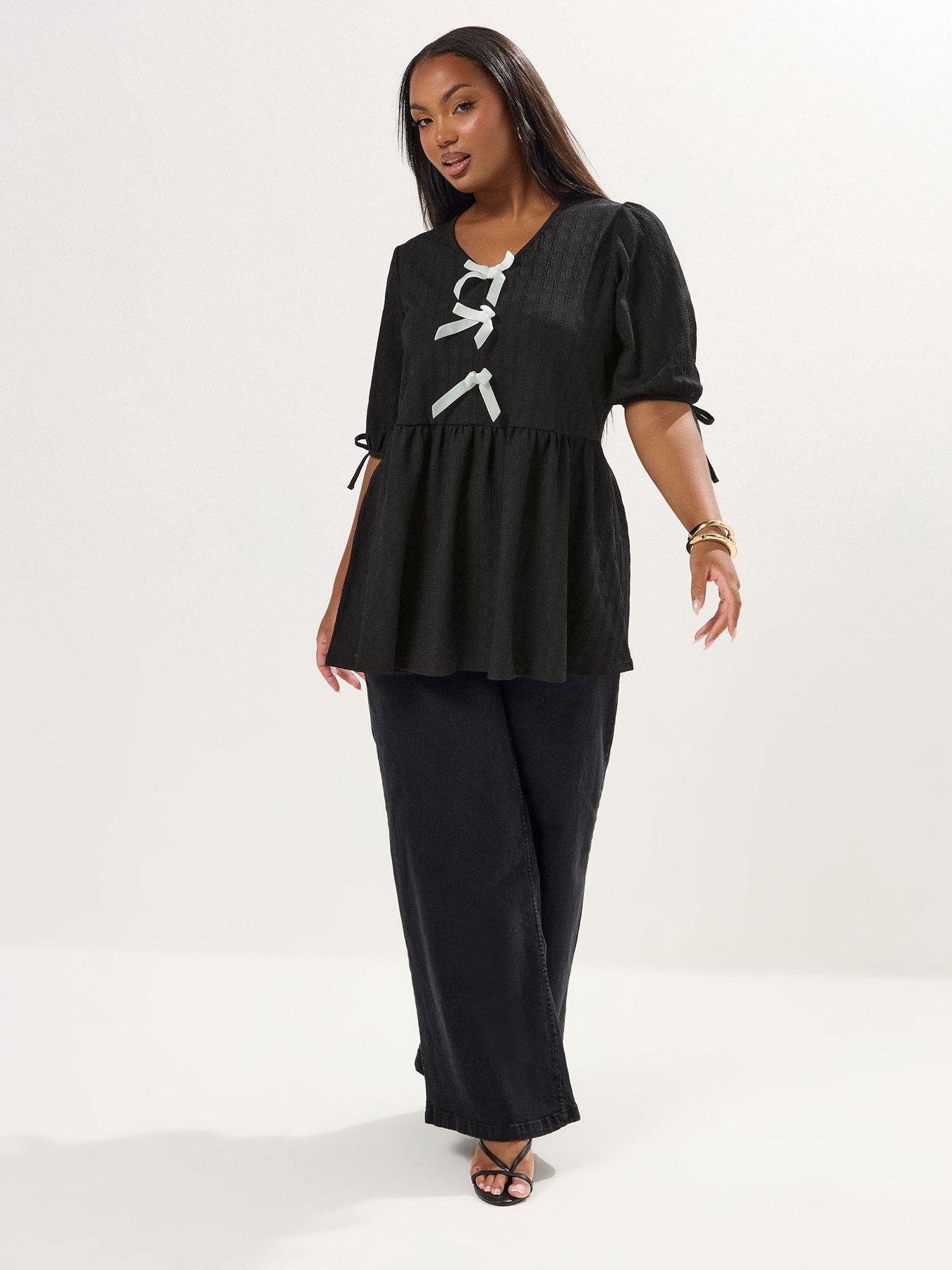 Image 3 of 5 of Yours Curve Puff Sleeve Bow Peplum - Black