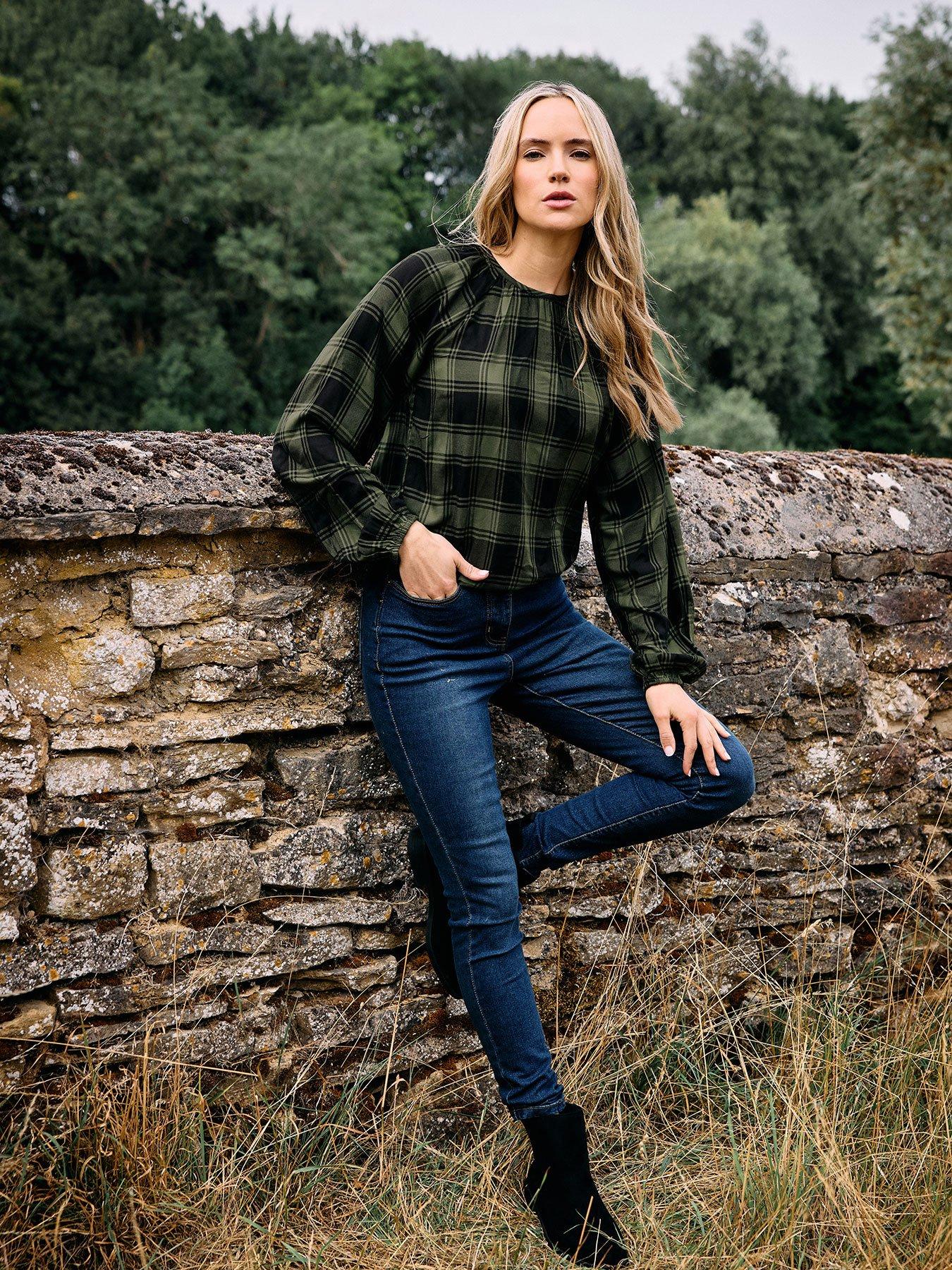 Long Tall Sally Check Balloon Sleeve Blouse - Green