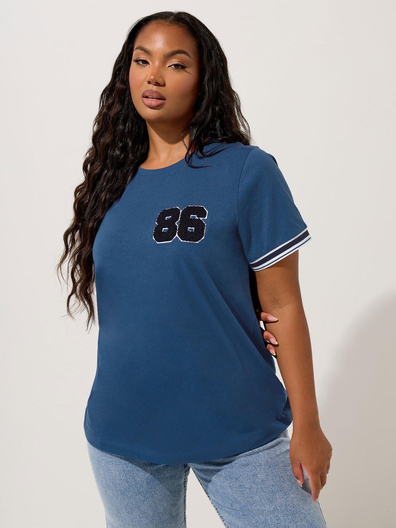 Yours Curve Varsity Trim T-Shirt - Blue