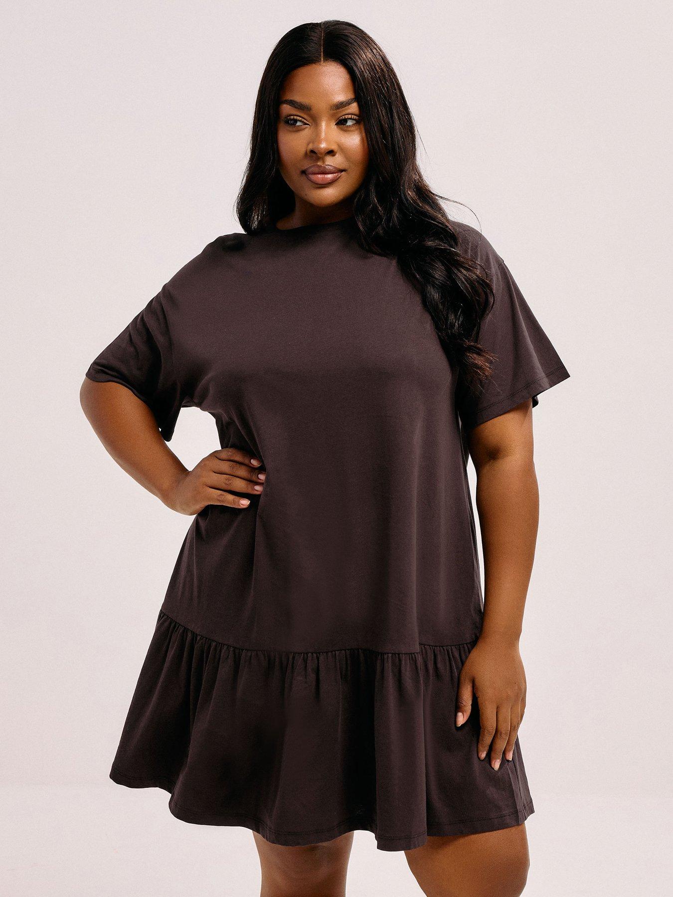 Yours Curve Peplum Drop Shoulder Dress - Brown