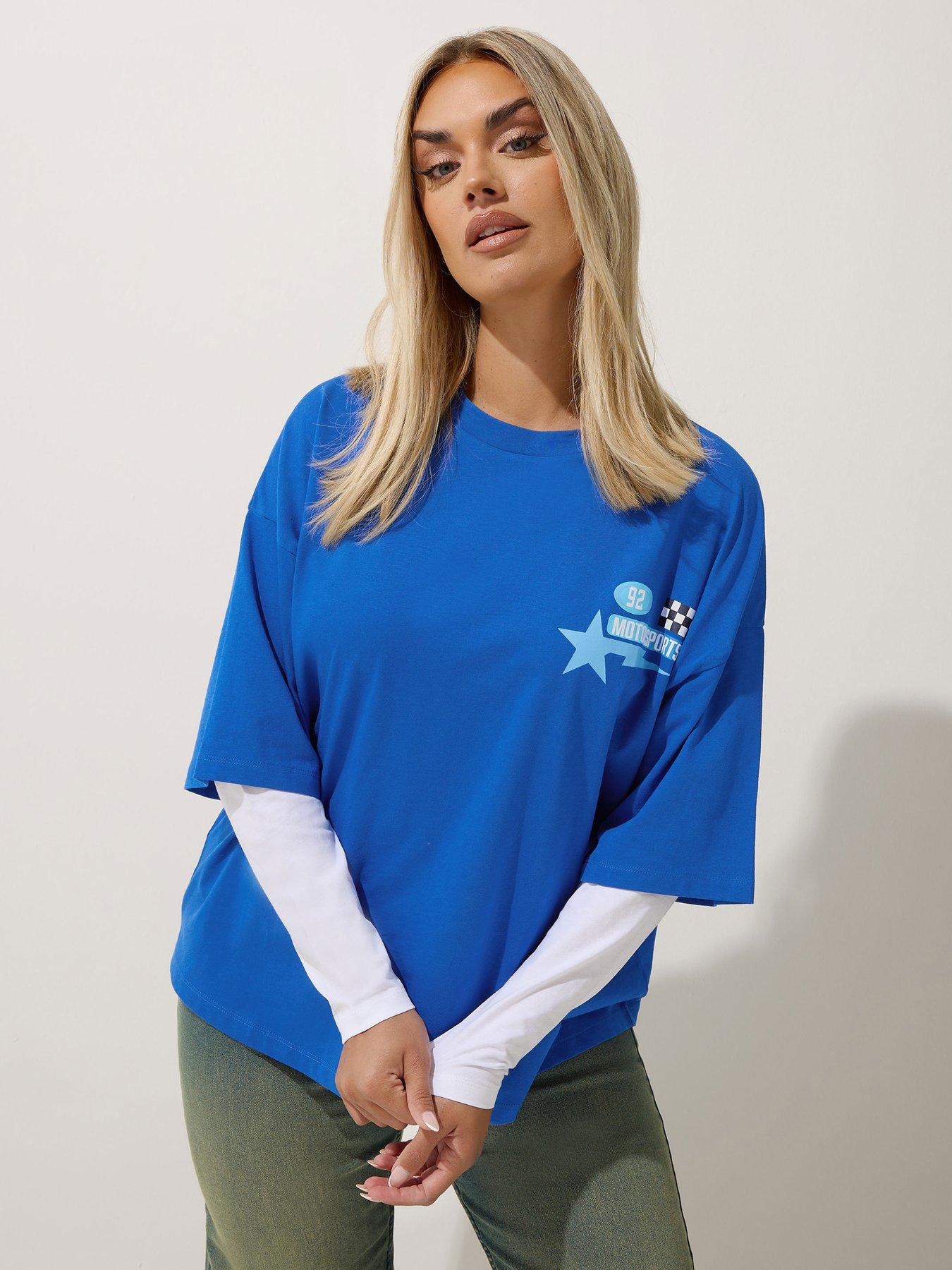 Image 1 of 6 of Yours Curve Speedy Way 2-in-1 T-Shirt - Blue
