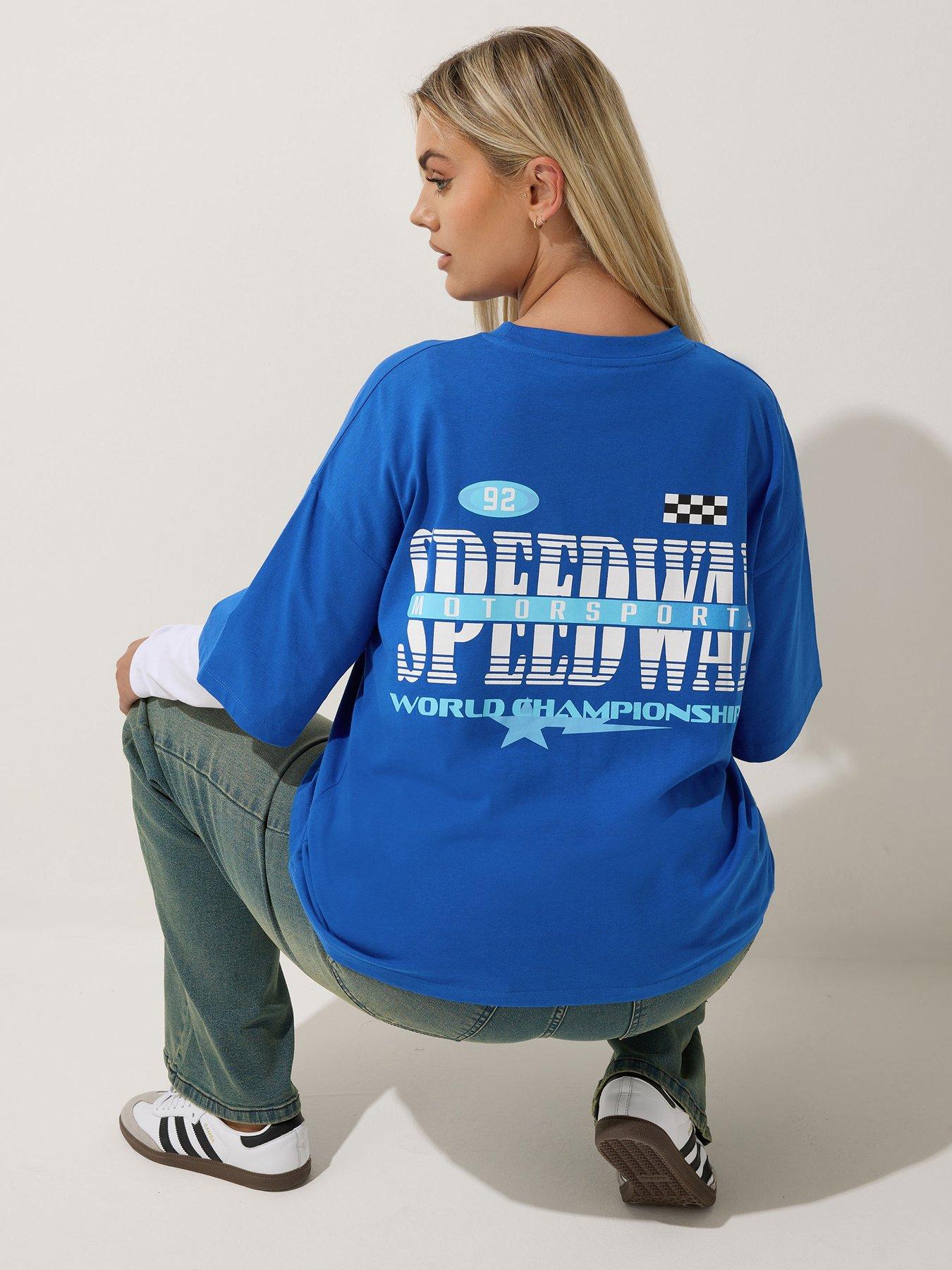 Image 2 of 6 of Yours Curve Speedy Way 2-in-1 T-Shirt - Blue