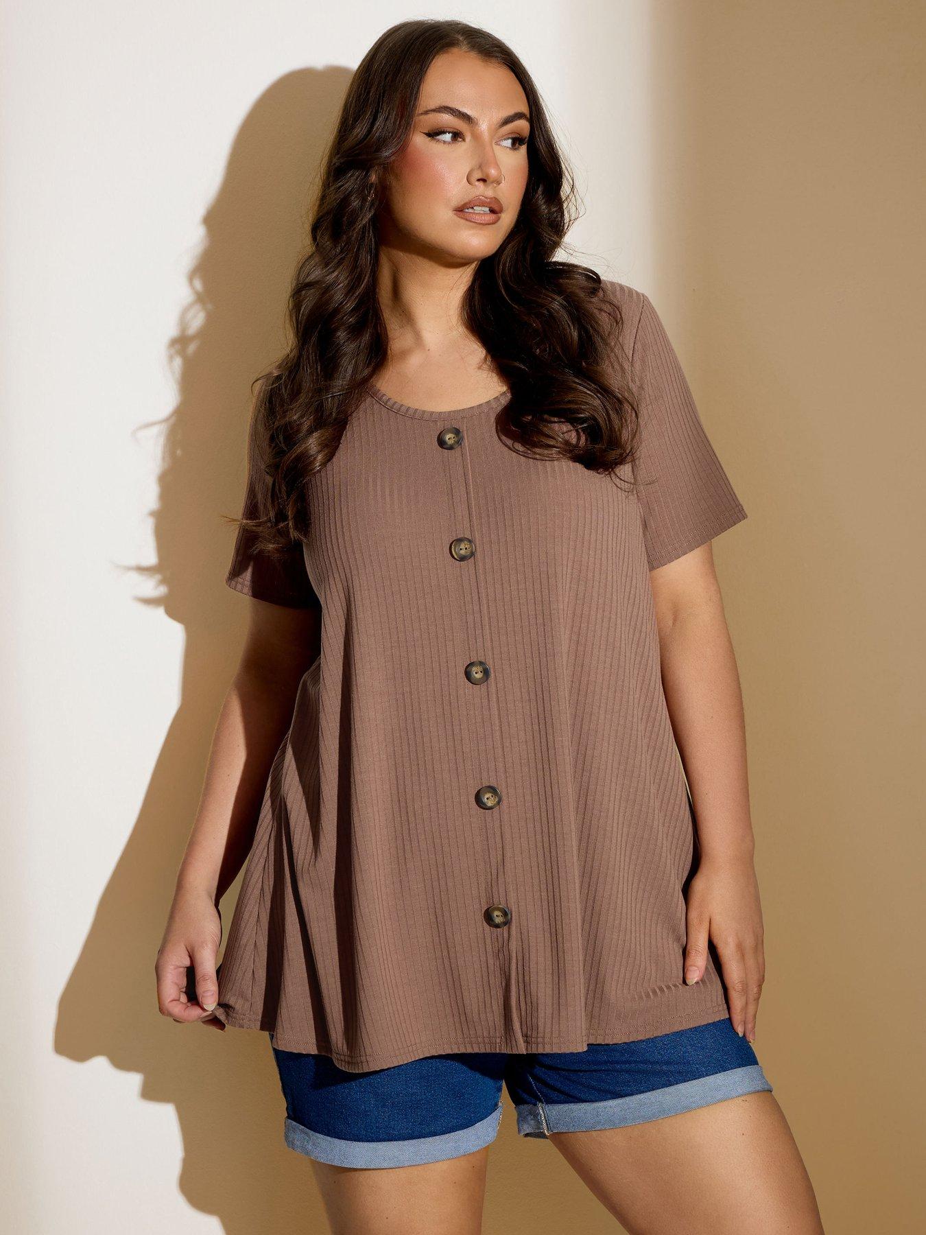 Yours Curve Button Rib Swing T-Shirt - Brown