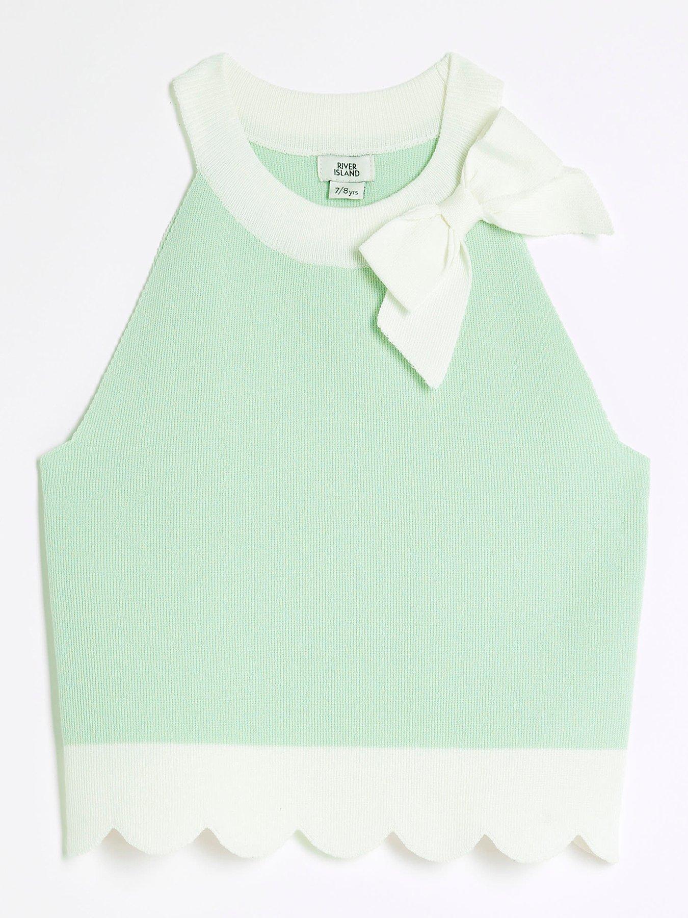 River Island Older Girls Bow Detail Scallop Hem Top - Green
