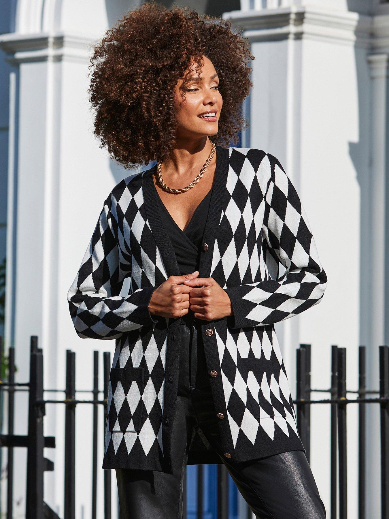 Sosandar Ivory Argyle Cardigan - Black