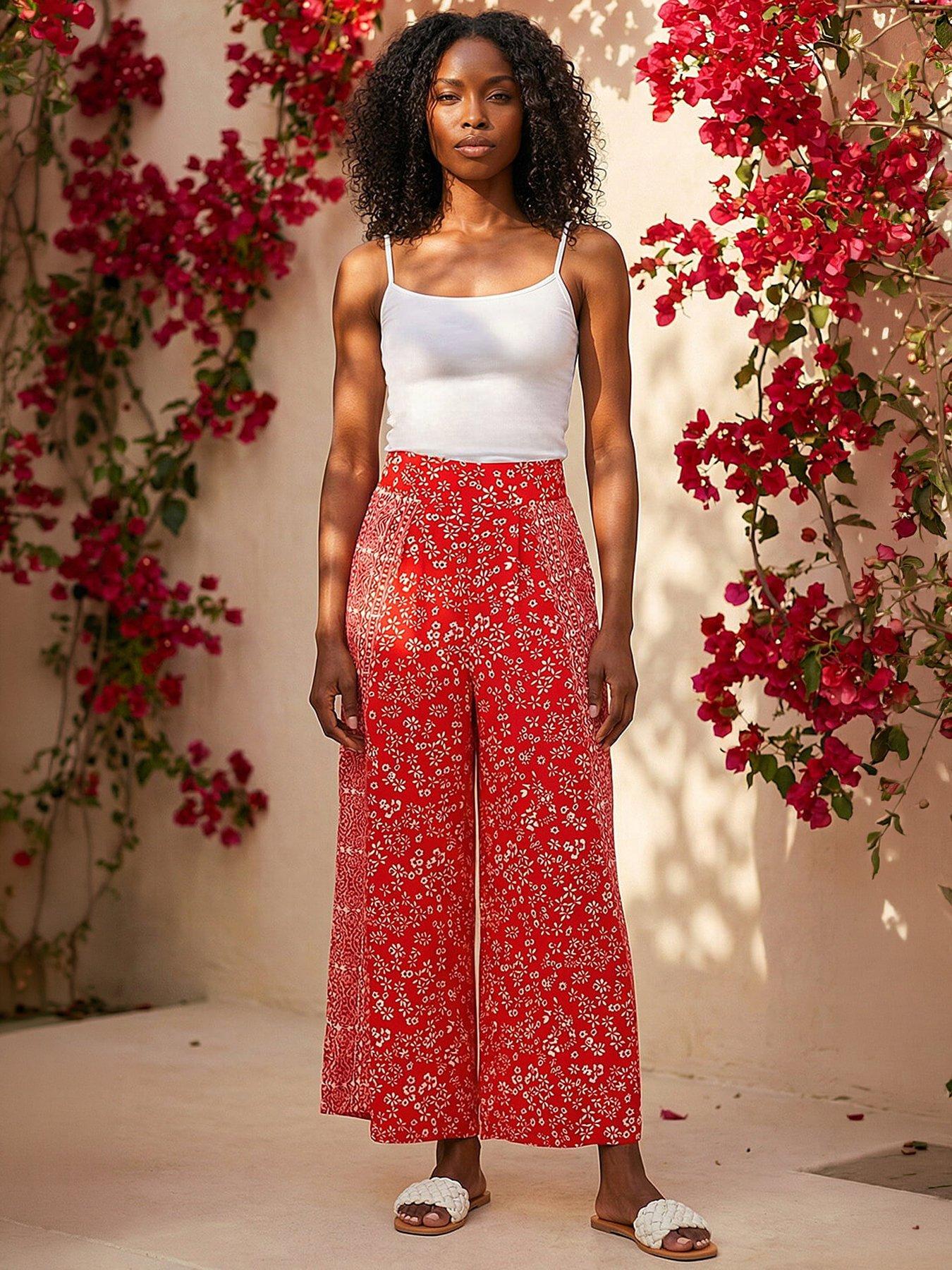Roman Floral Border Panel Culotte Trousers - Red