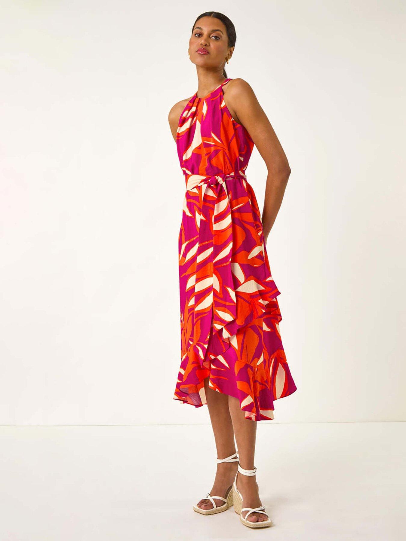 Roman Floral Print Frill Wrap Midi Dress - Cerise