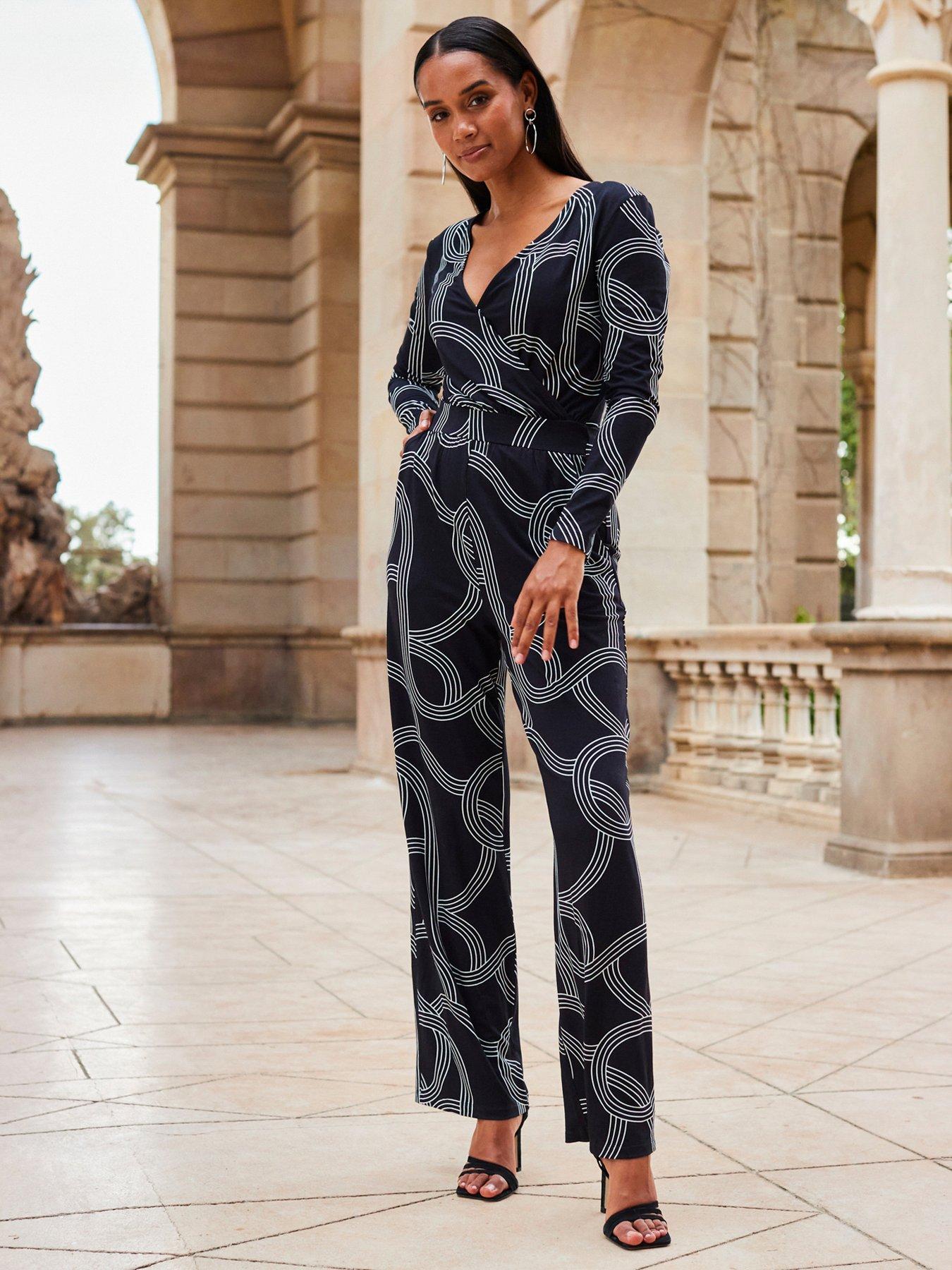 Sosandar Black Geometric Print Wrap Front Wide Leg Jumpsuit With Pockets