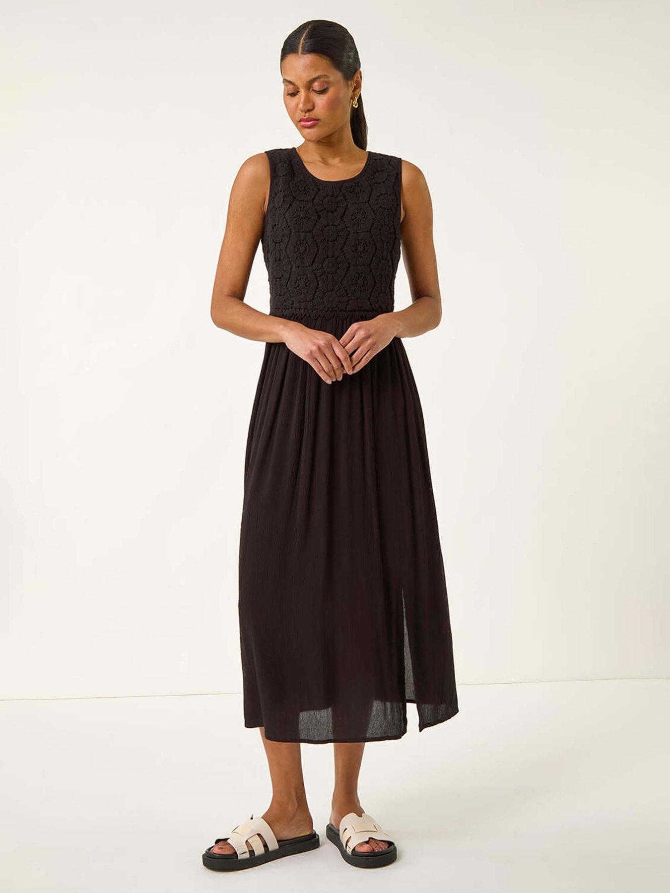 Roman Crochet Bodice Midi Dress - Black