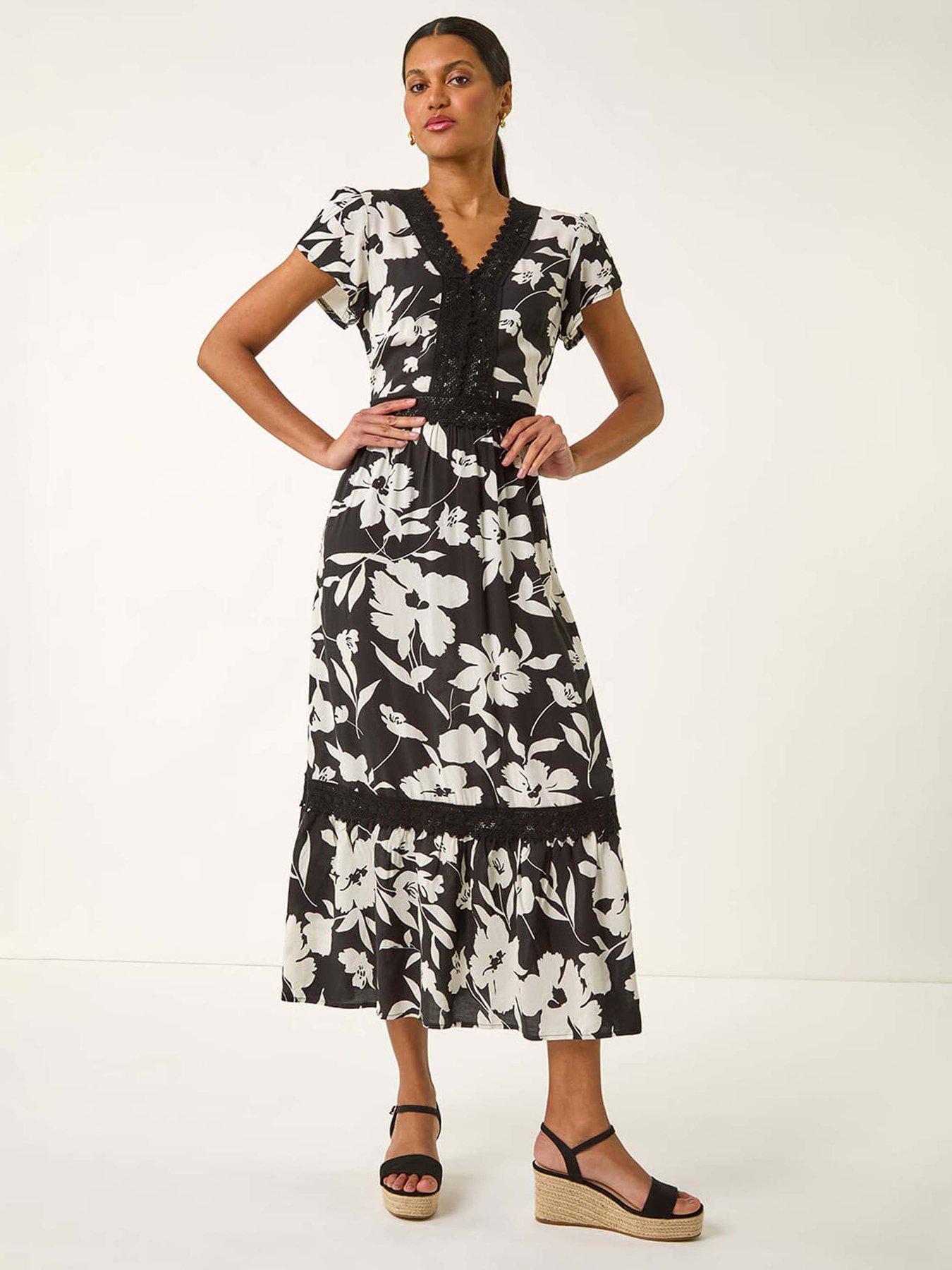 Roman Floral Print Lace Trim Midi Dress - Black
