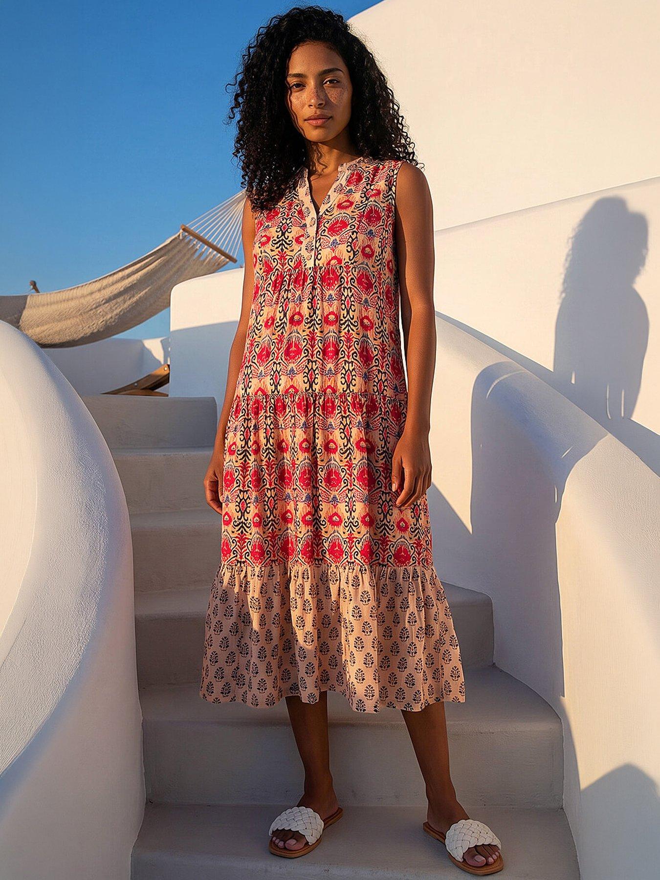 Roman Border Print Smock Dress - Red