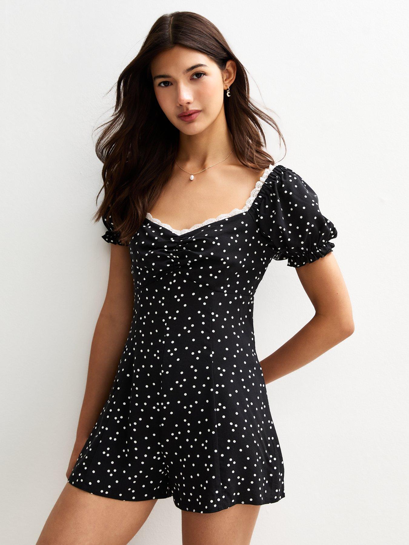 Image 1 of 4 of New Look Black Polka Dot Lace Trim Playsuit
