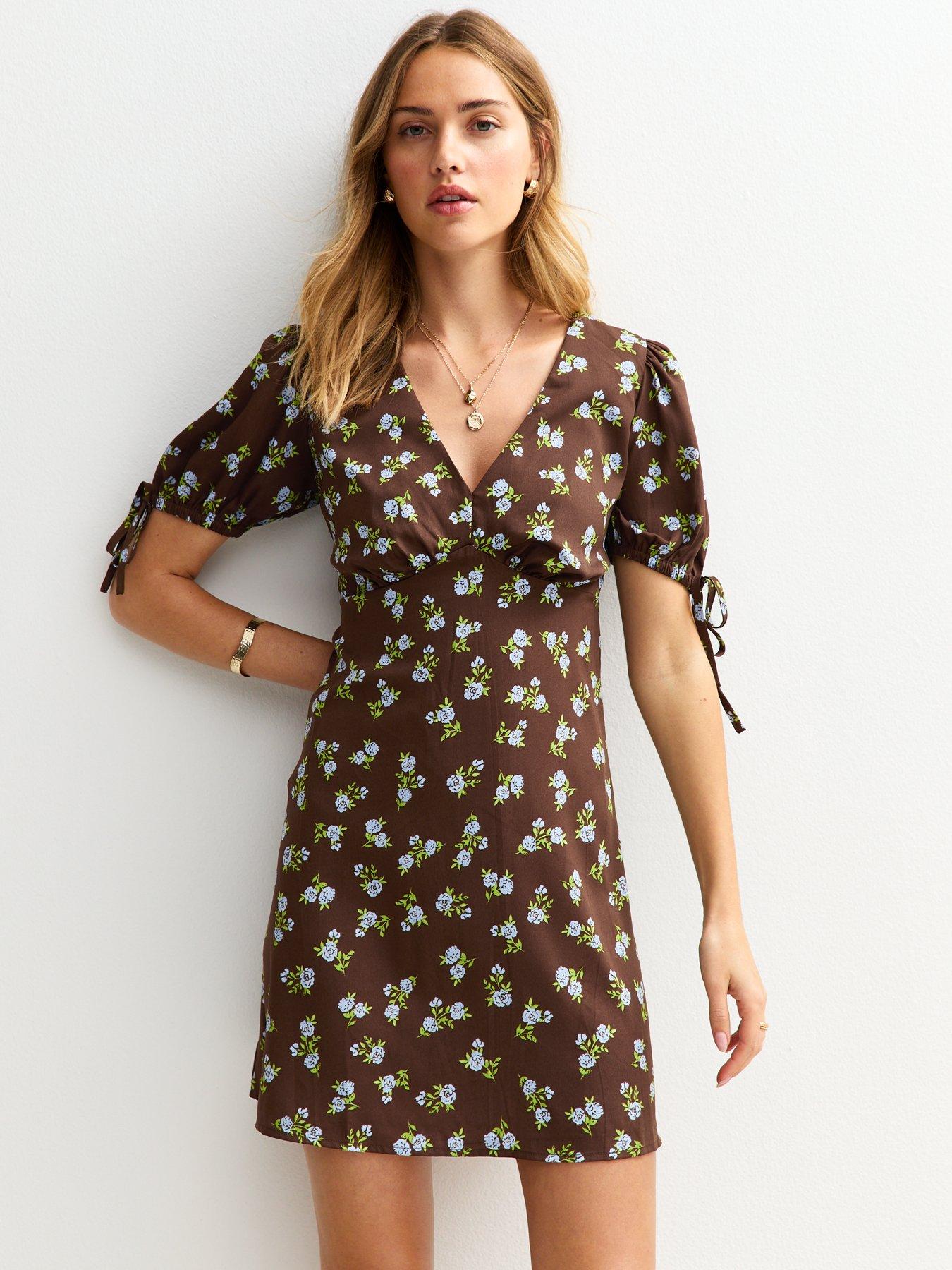 new-look-brown-rose-print-v-neck-tie-sleeve-mini-dress