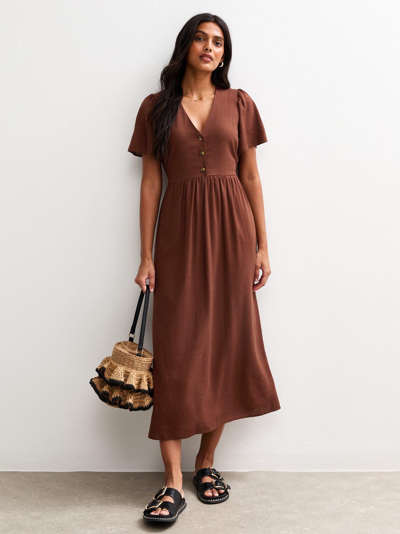 New Look Flutter Sleeve Button Up Midi Dress - Brown