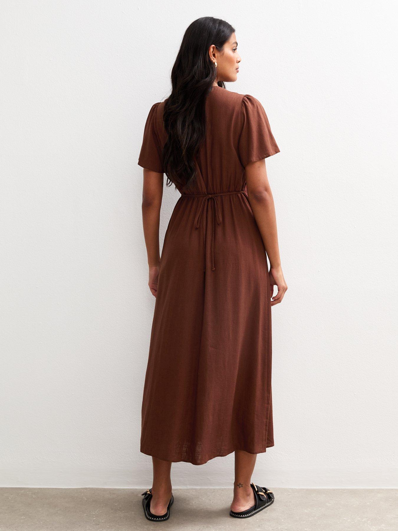 new-look-flutter-sleeve-button-up-midi-dress-brownstillFront