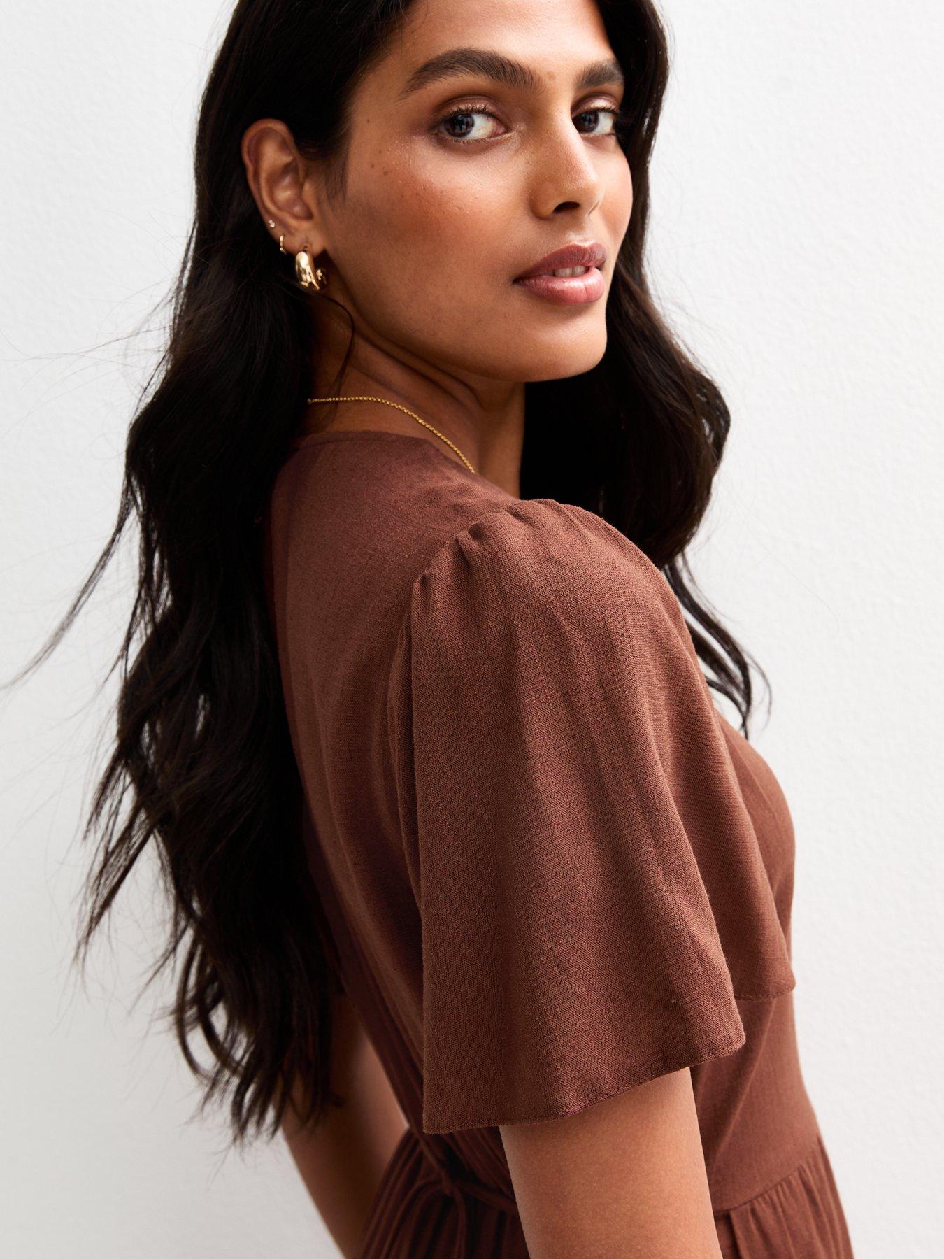 new-look-flutter-sleeve-button-up-midi-dress-browndetail