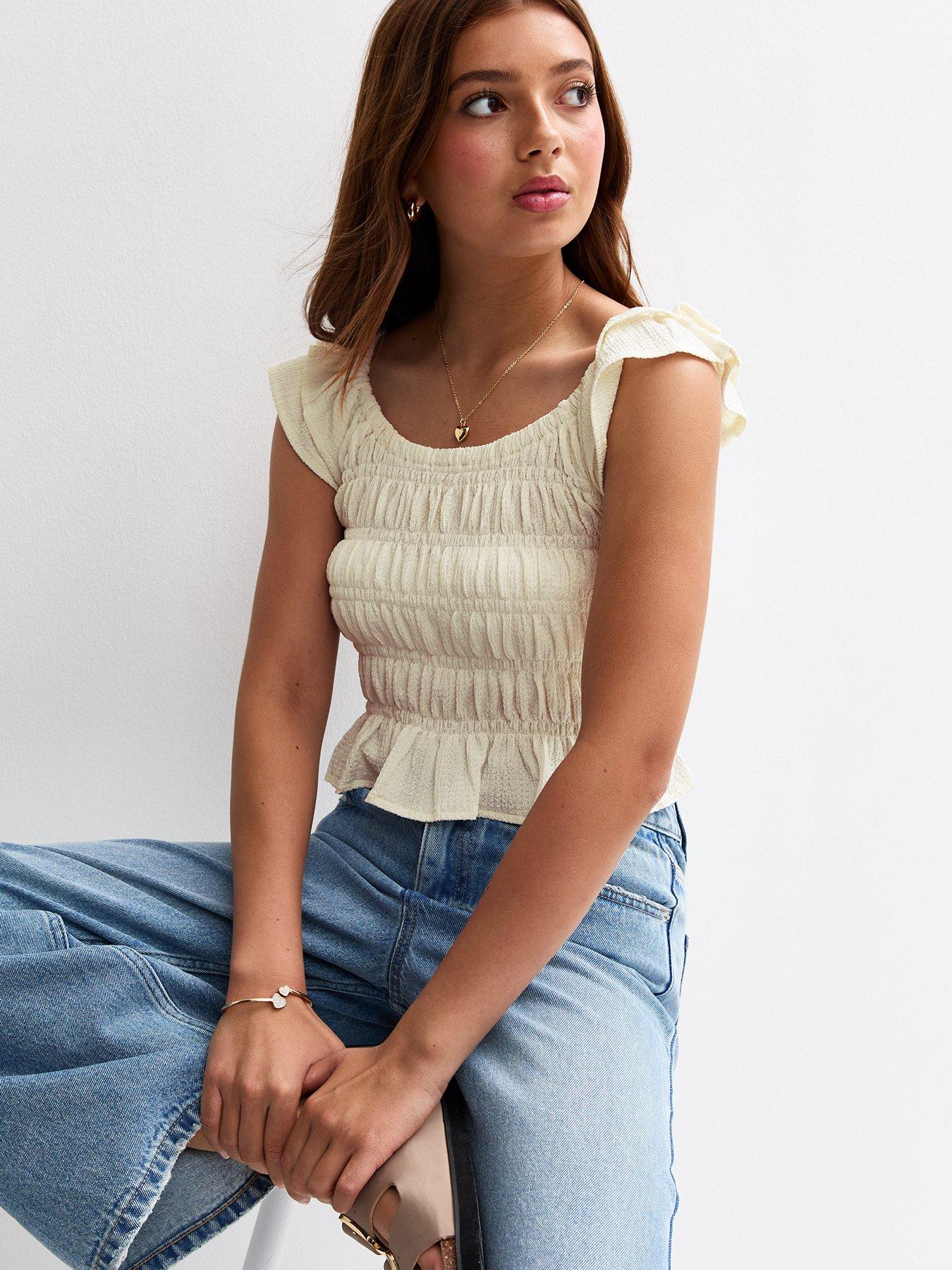 New Look 915 Girls Shirred Front Frill Sleeve T-Shirt - Yellow