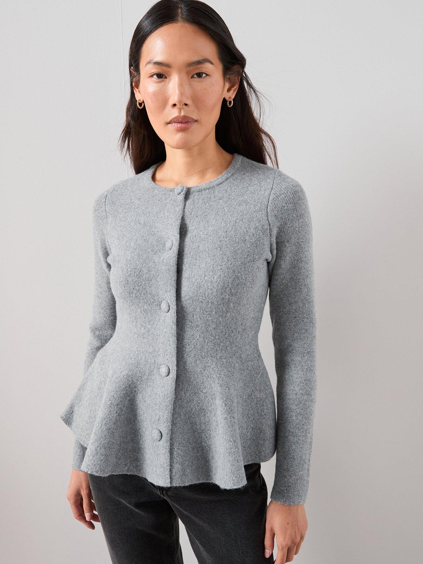 the-very-collection-crew-neck-covered-button-peplum-cardigan-greyfront