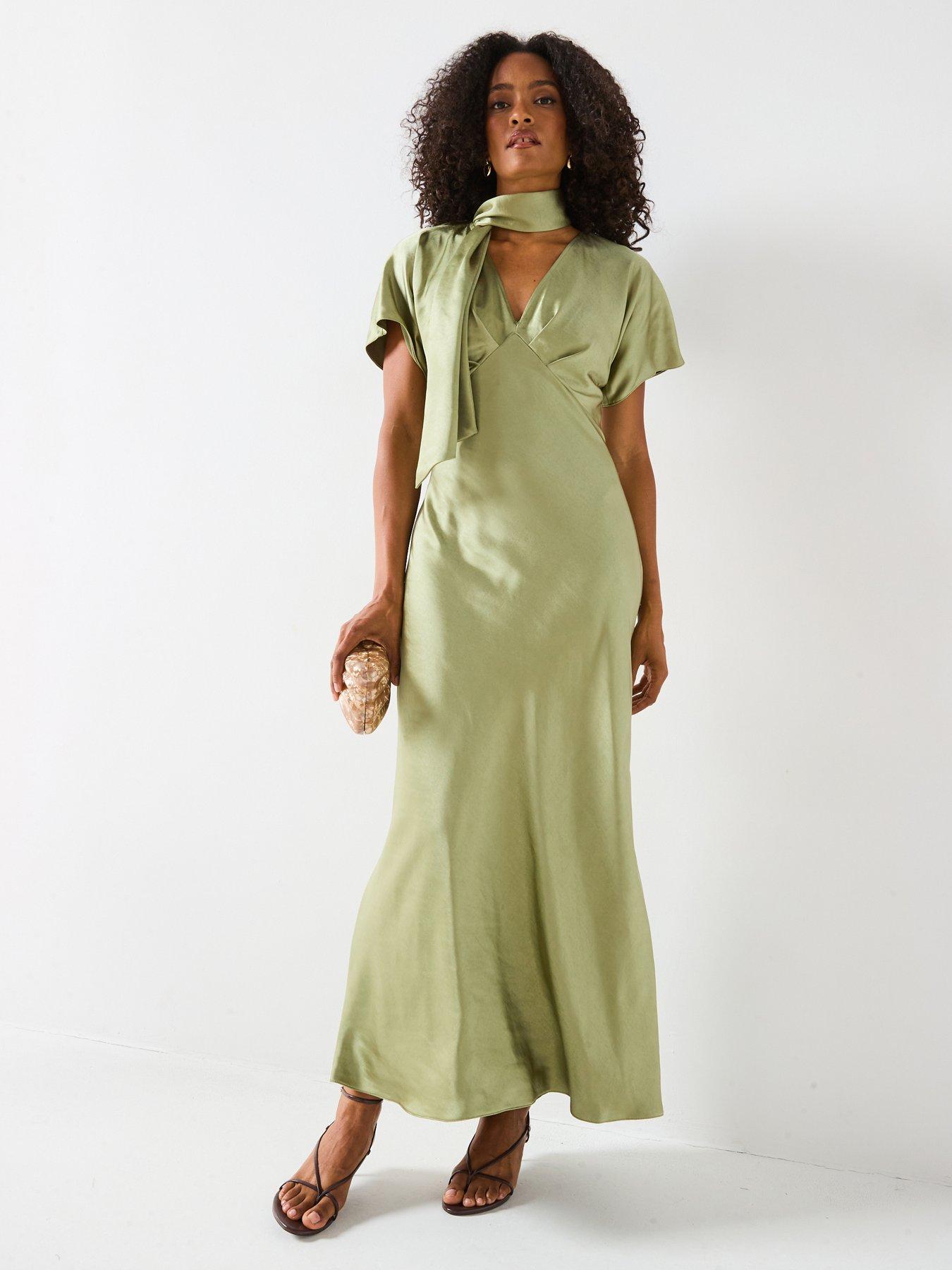 V by Very Satin Tie Neck Maxi Dress - Green