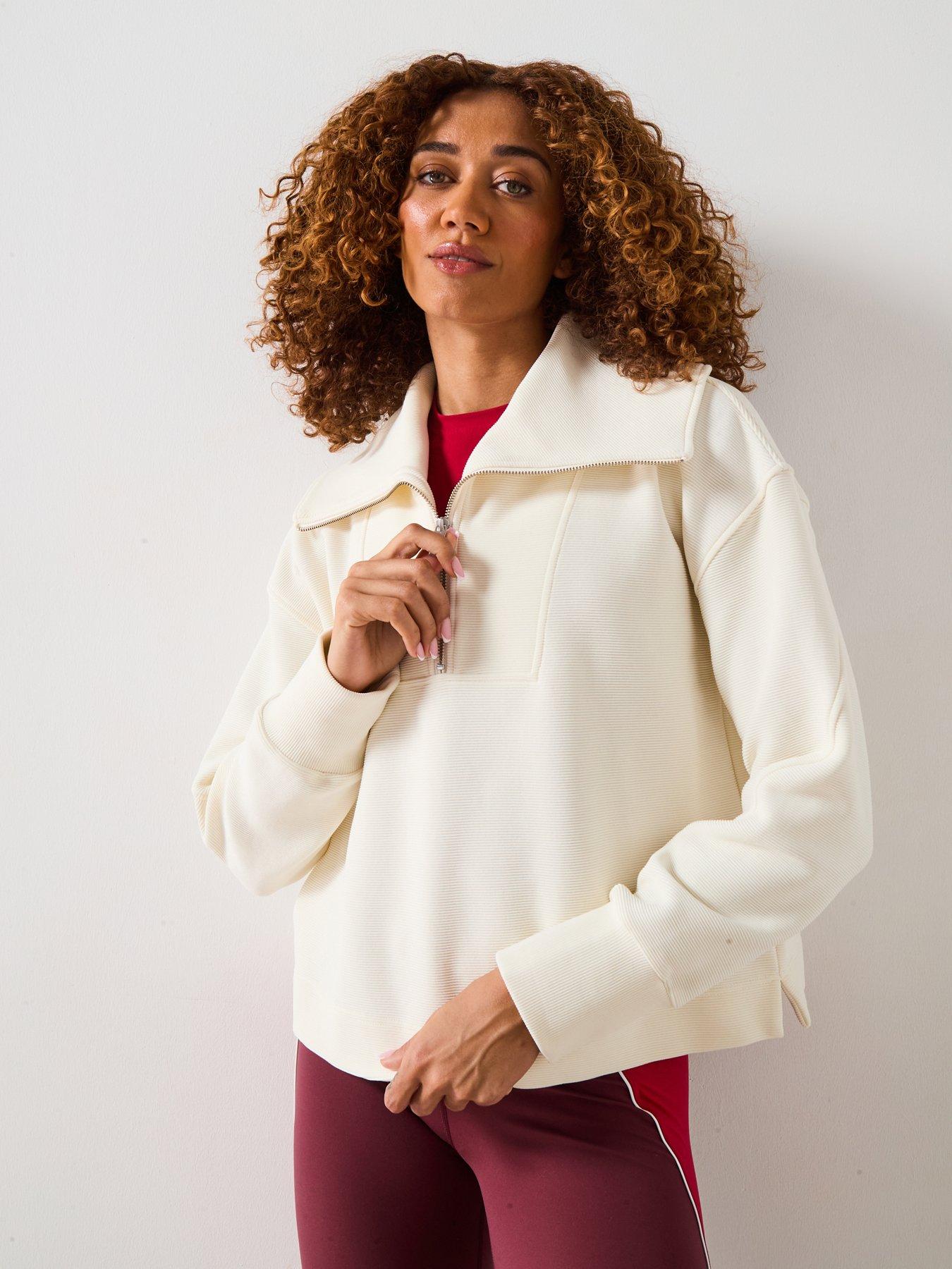 Image 1 of 6 of Sweaty Betty Womens Training Peaceful Rib Half Zip Cropped Sweatshirt - White