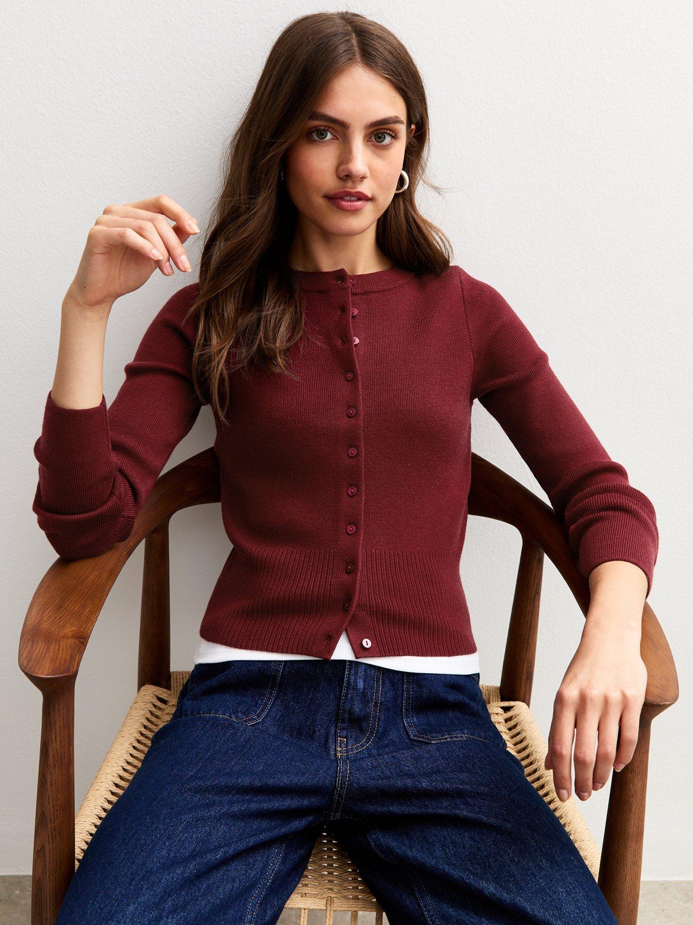New Look Dark Red Compact Knit Crew Neck Cardigan