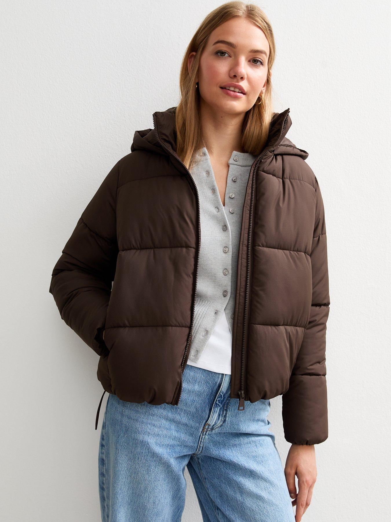 Image 1 of 5 of New Look Hooded Cropped Puffer Jacket - Brown