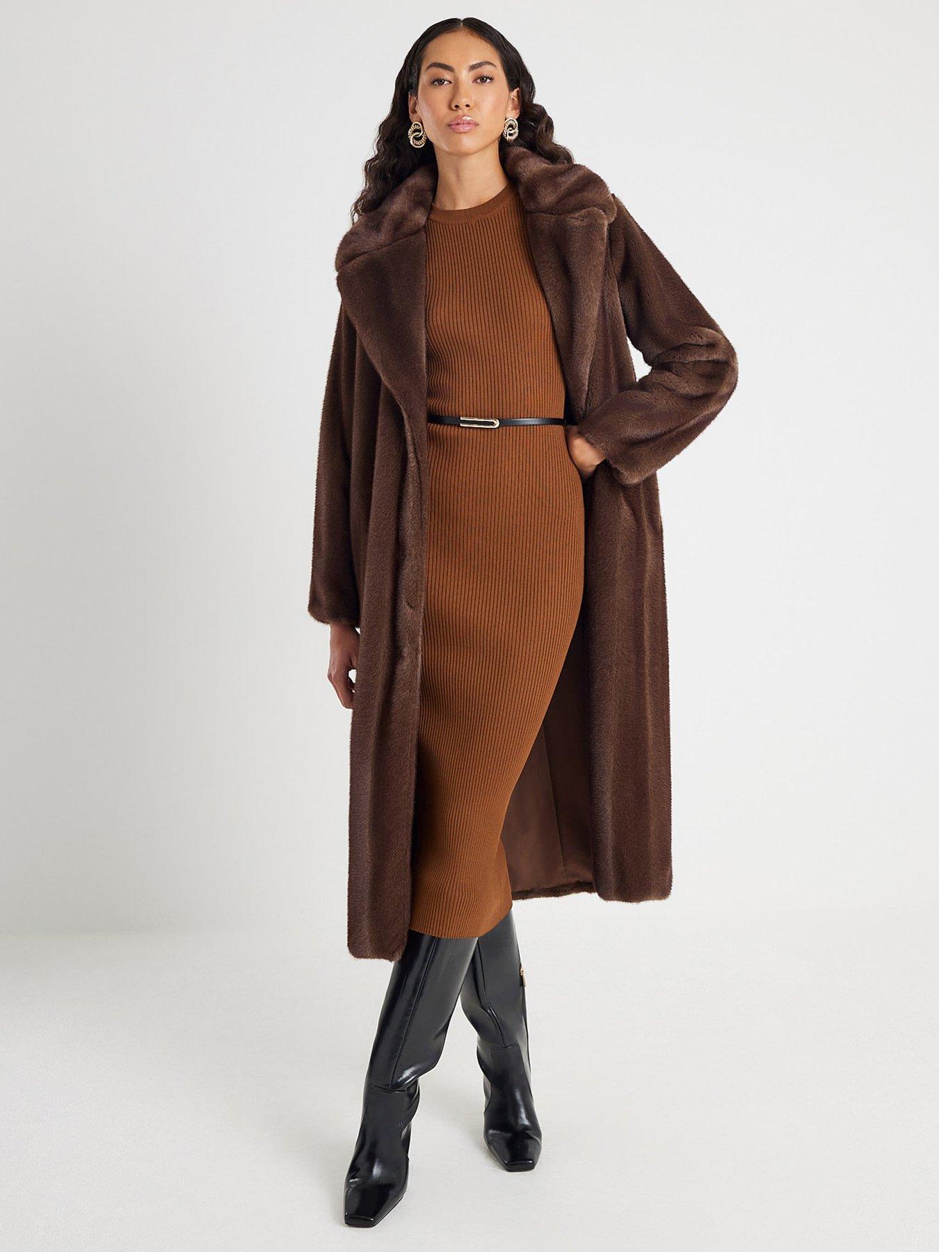 Image 1 of 4 of River Island Long Sleeve Crew Midi Dress - Brown
