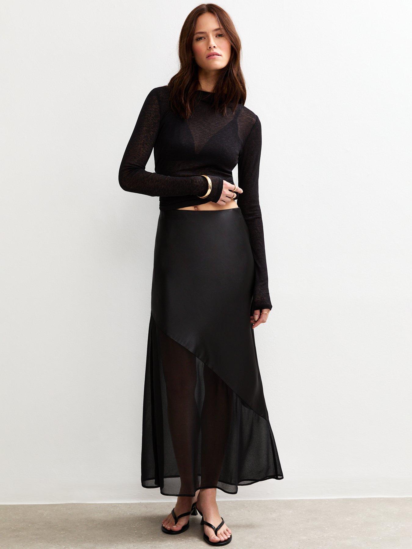 new-look-black-asymmetric-panelled-satin-and-chiffon-midi-skirt