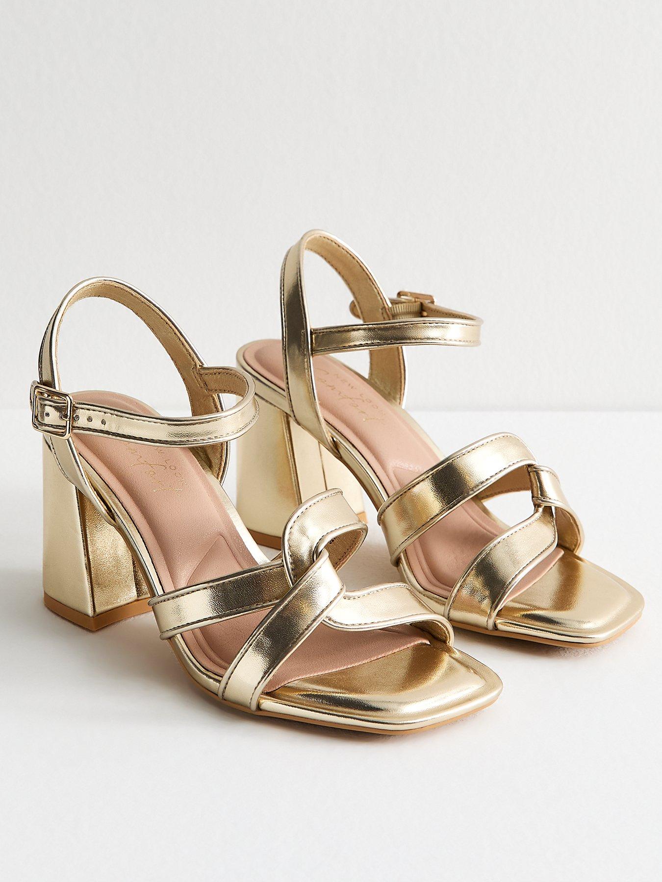 Image 2 of 6 of New Look Wide Fit Gold Metallic Twist Strap Block Heel Sandals