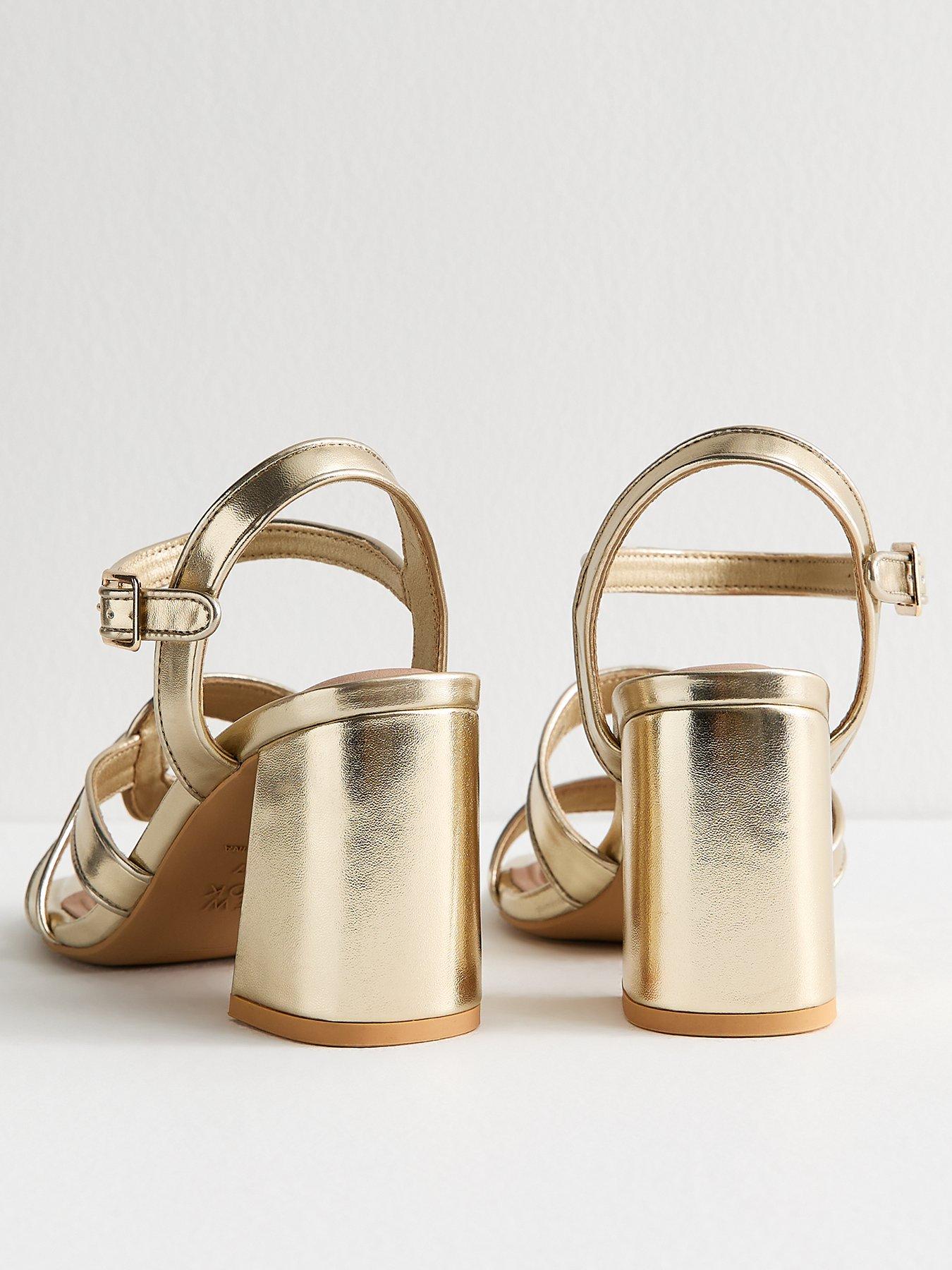 Image 3 of 6 of New Look Wide Fit Gold Metallic Twist Strap Block Heel Sandals