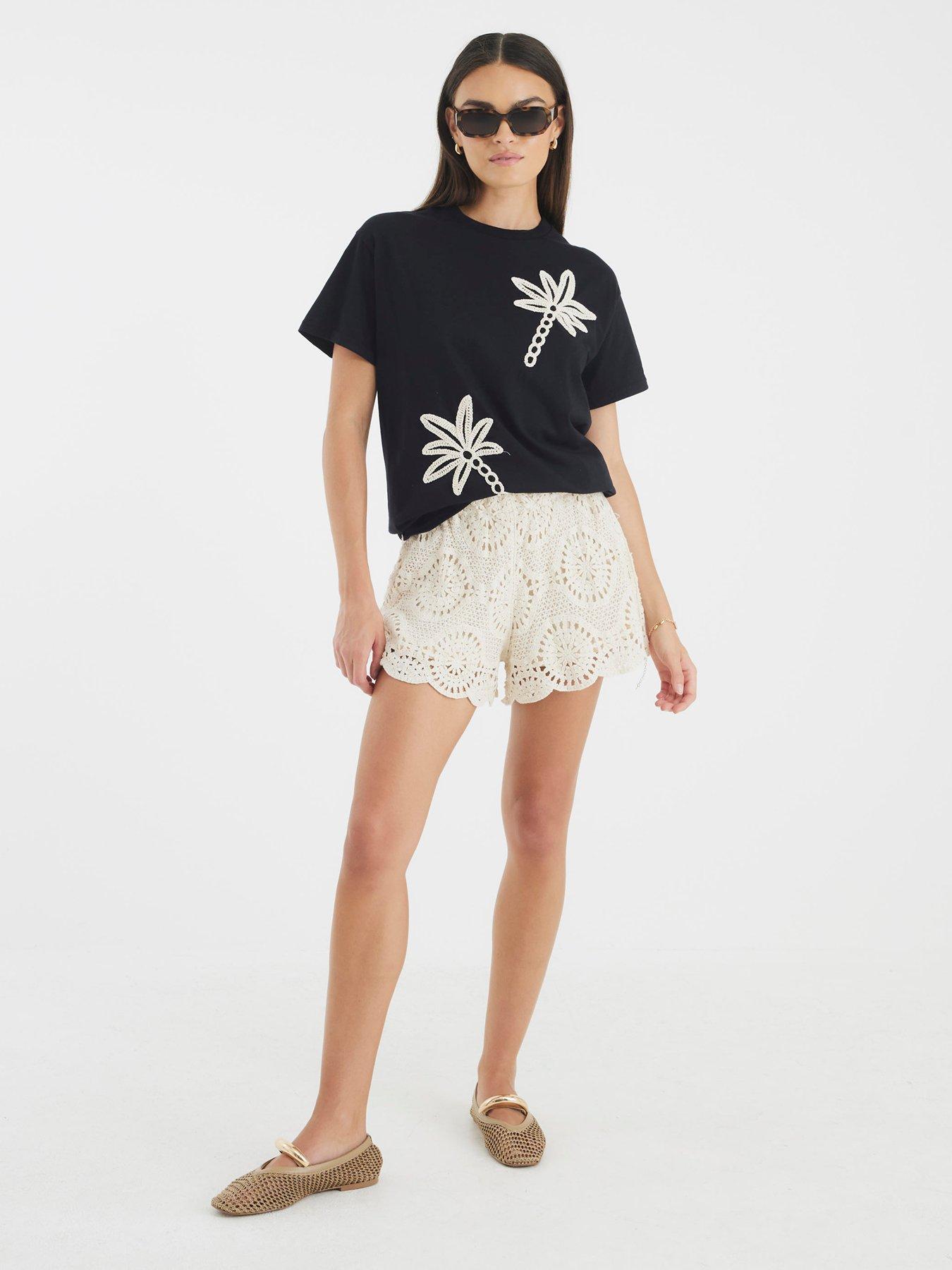Image 3 of 4 of River Island Short Sleeve Palm Tree Crochet Tee - Black