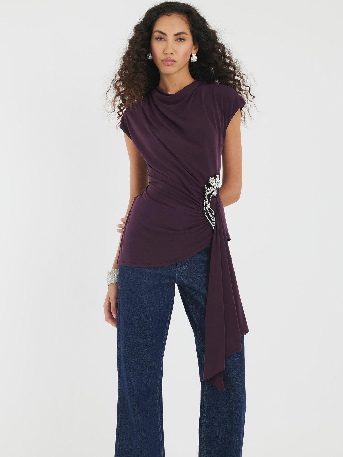 River Island Short Sleeve Drape Floral Trim Top - Purple