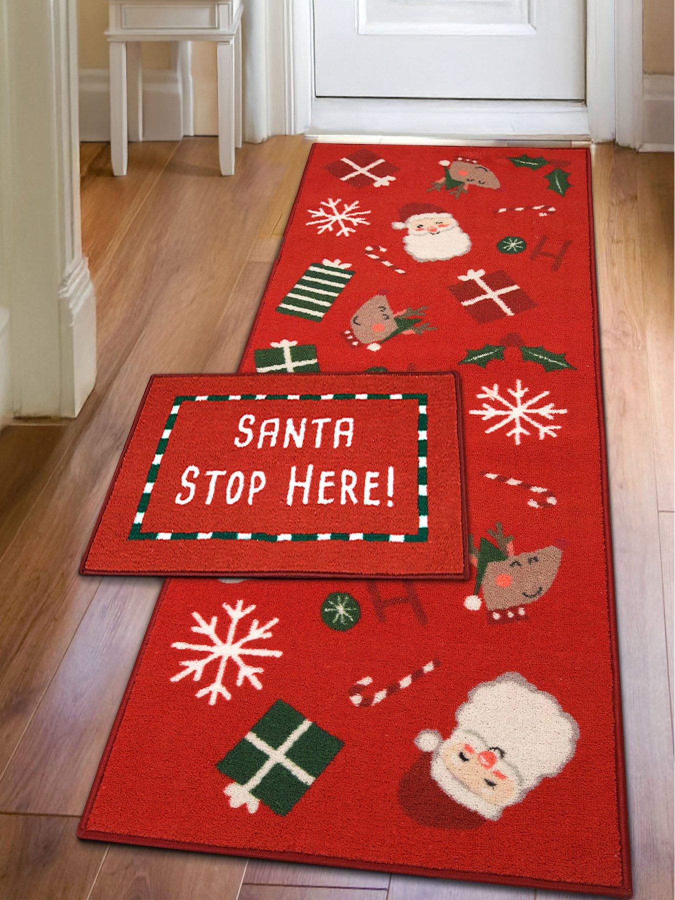 The Very Collection Santa Stop Here Runner  &  Doormat Set - Red