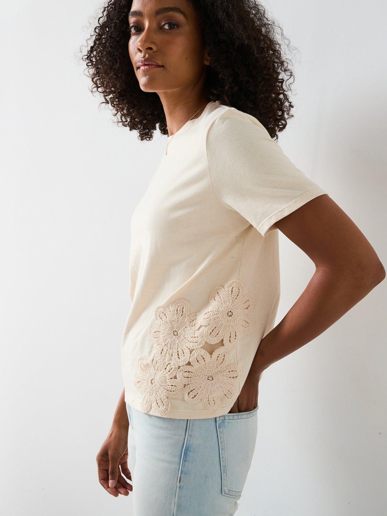 Mango Floral Embroidered Cotton T-Shirt - Cream