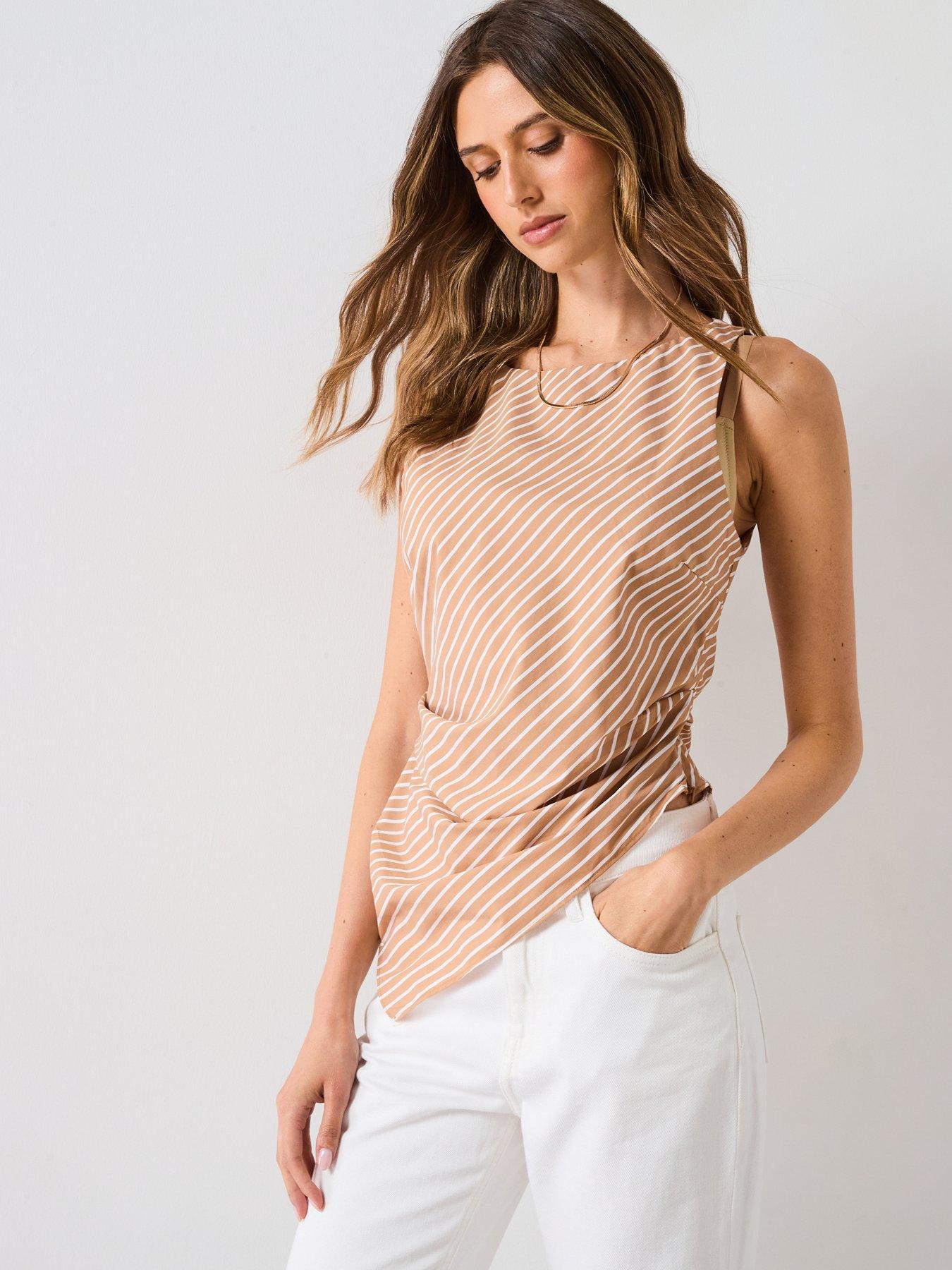 Mango Asymmetrical Striped Cotton Top - Brown