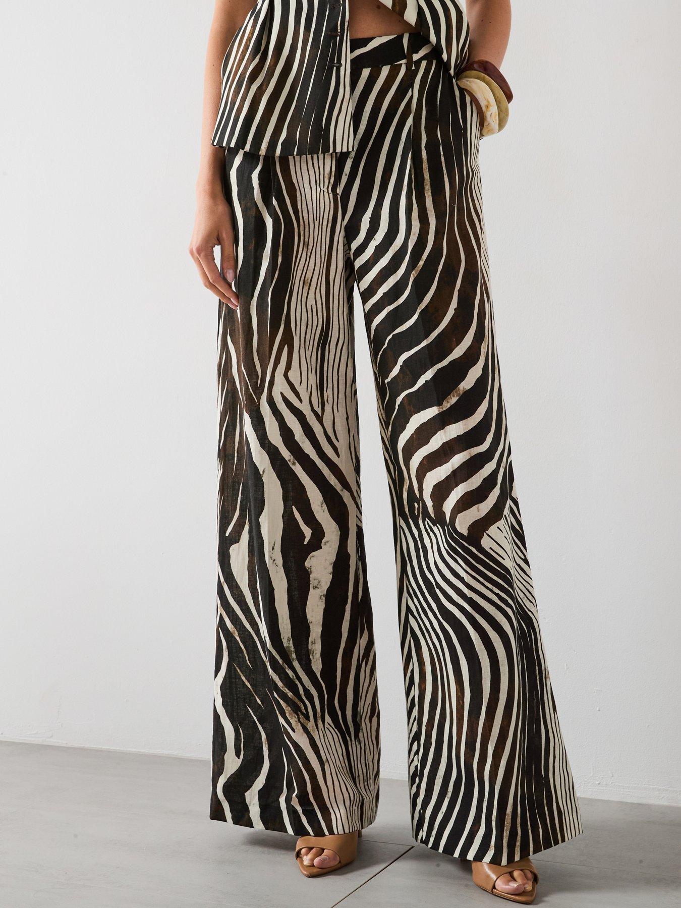 Image 1 of 6 of Mango Zebra Print Linen Pants - Brown