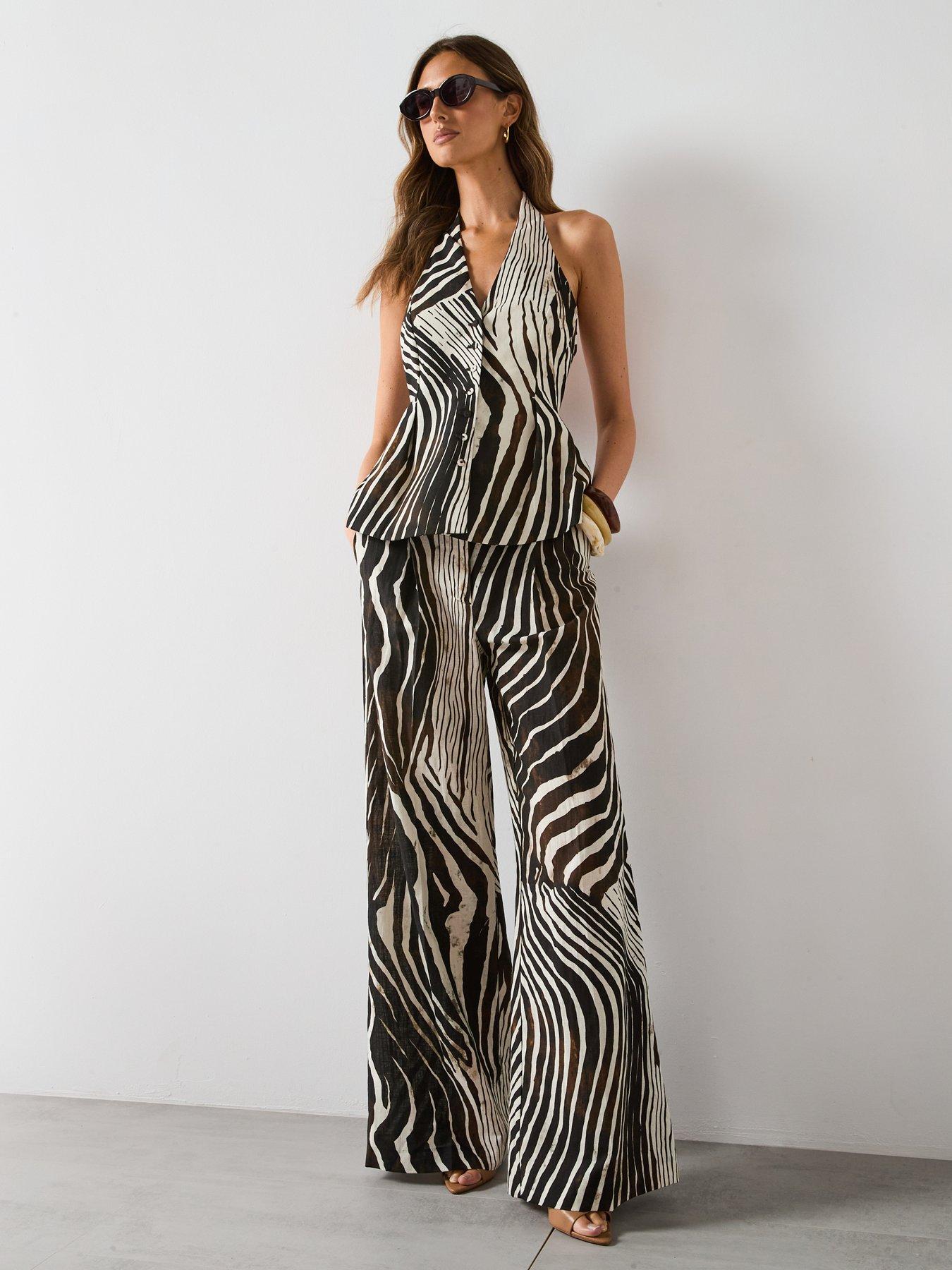 Image 3 of 6 of Mango Zebra Print Linen Pants - Brown