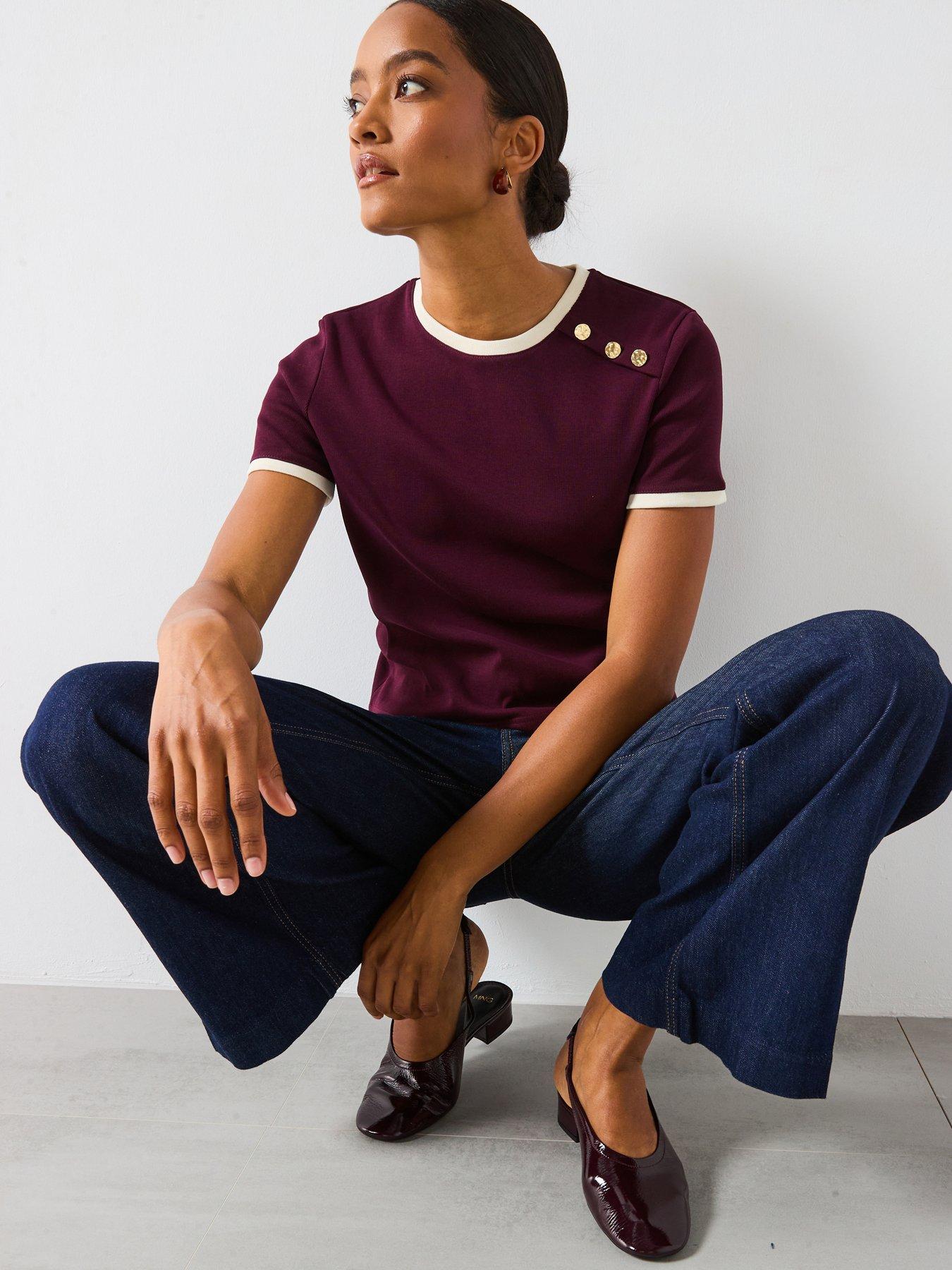 Image 1 of 6 of Mango Button Detailed T-Shirt - Red