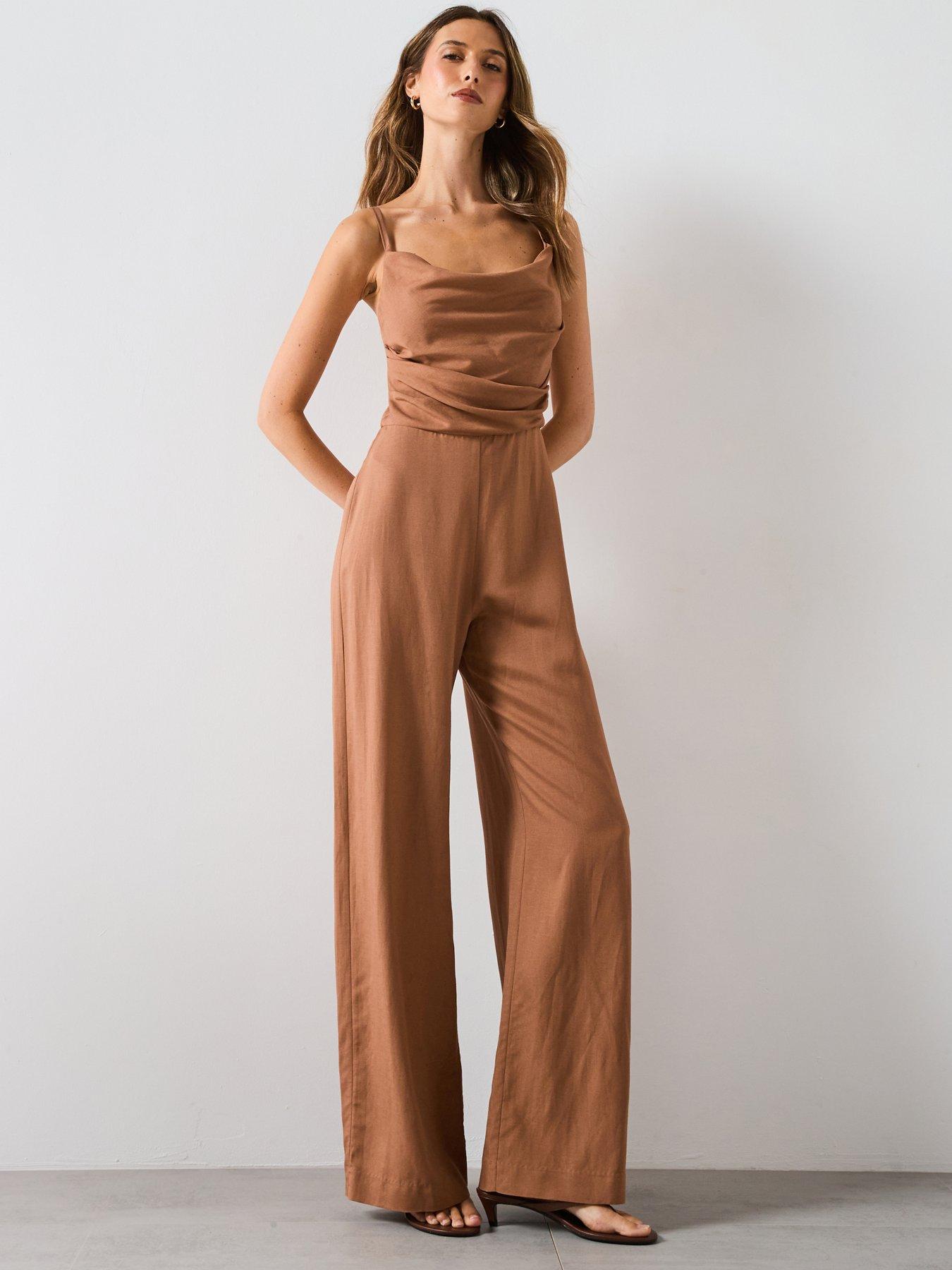 Image 1 of 5 of Mango Long Jumpsuit With Draped Neckline - Brown
