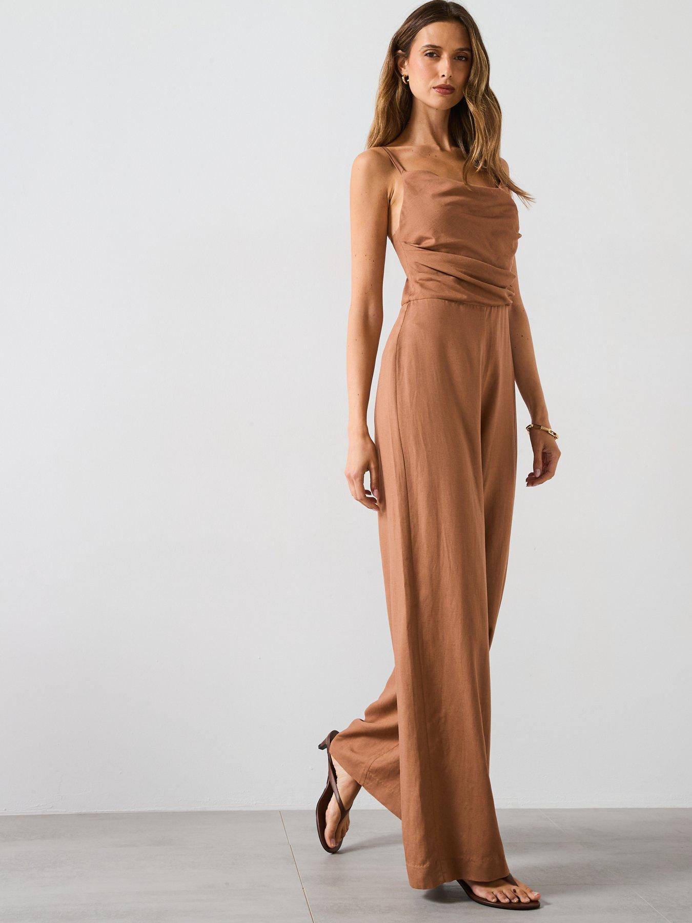 Image 3 of 5 of Mango Long Jumpsuit With Draped Neckline - Brown