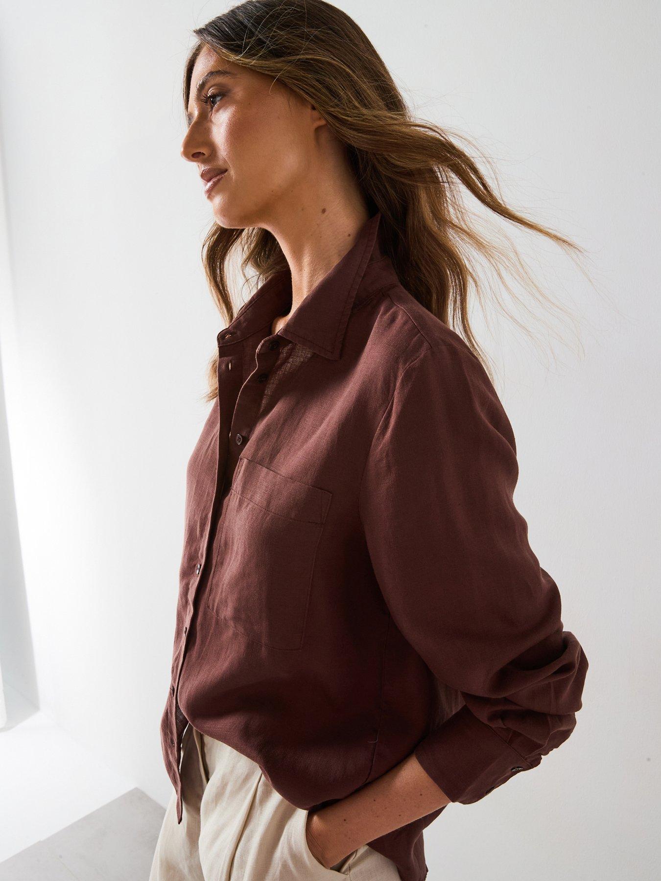 Image 1 of 6 of Mango Straight-Cut Lyocell Linen Blend Shirt - Brown